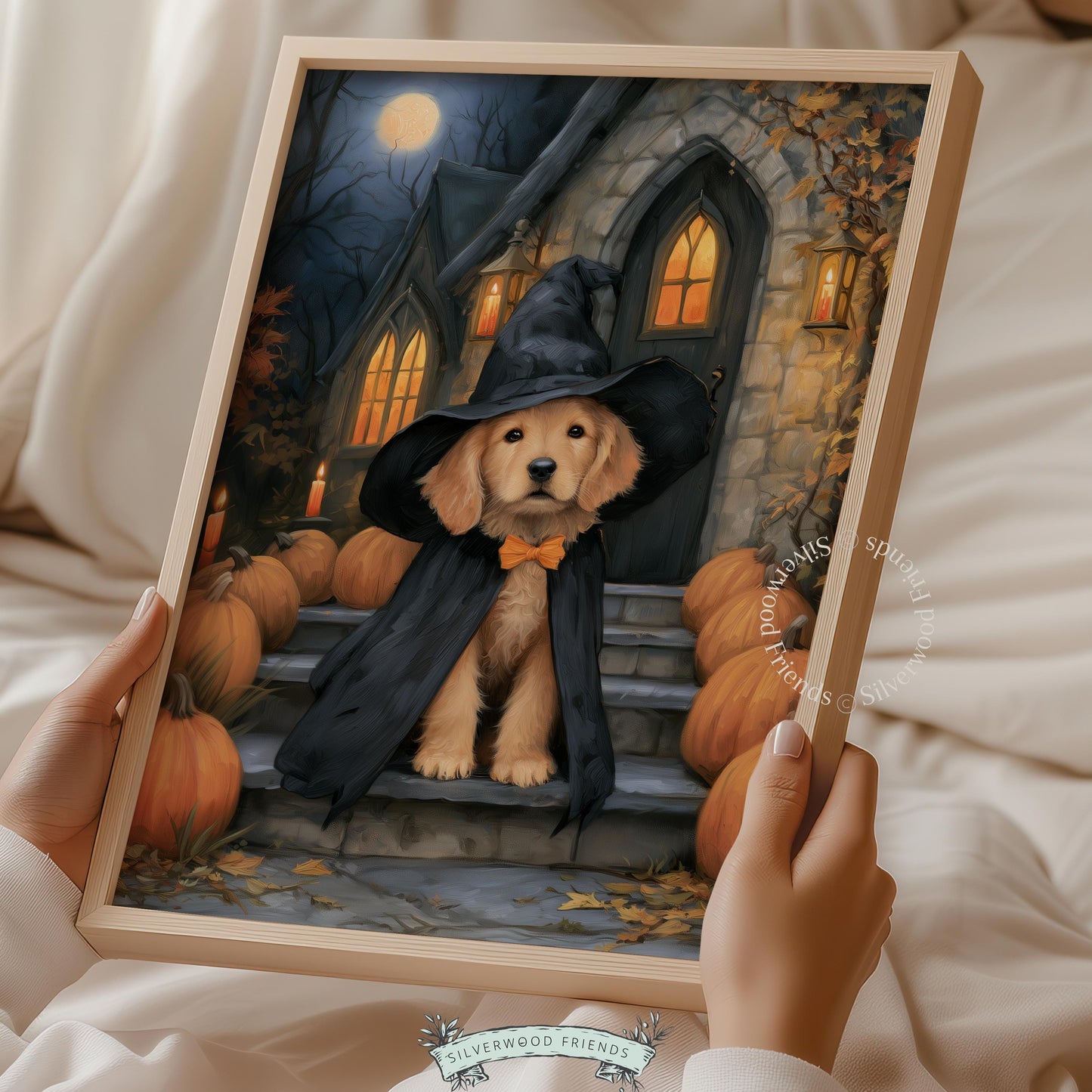 Dressed-up dog artwork print for seasonal decor — spooky-cute illustration featuring stone estate, bare trees, and lunar glow