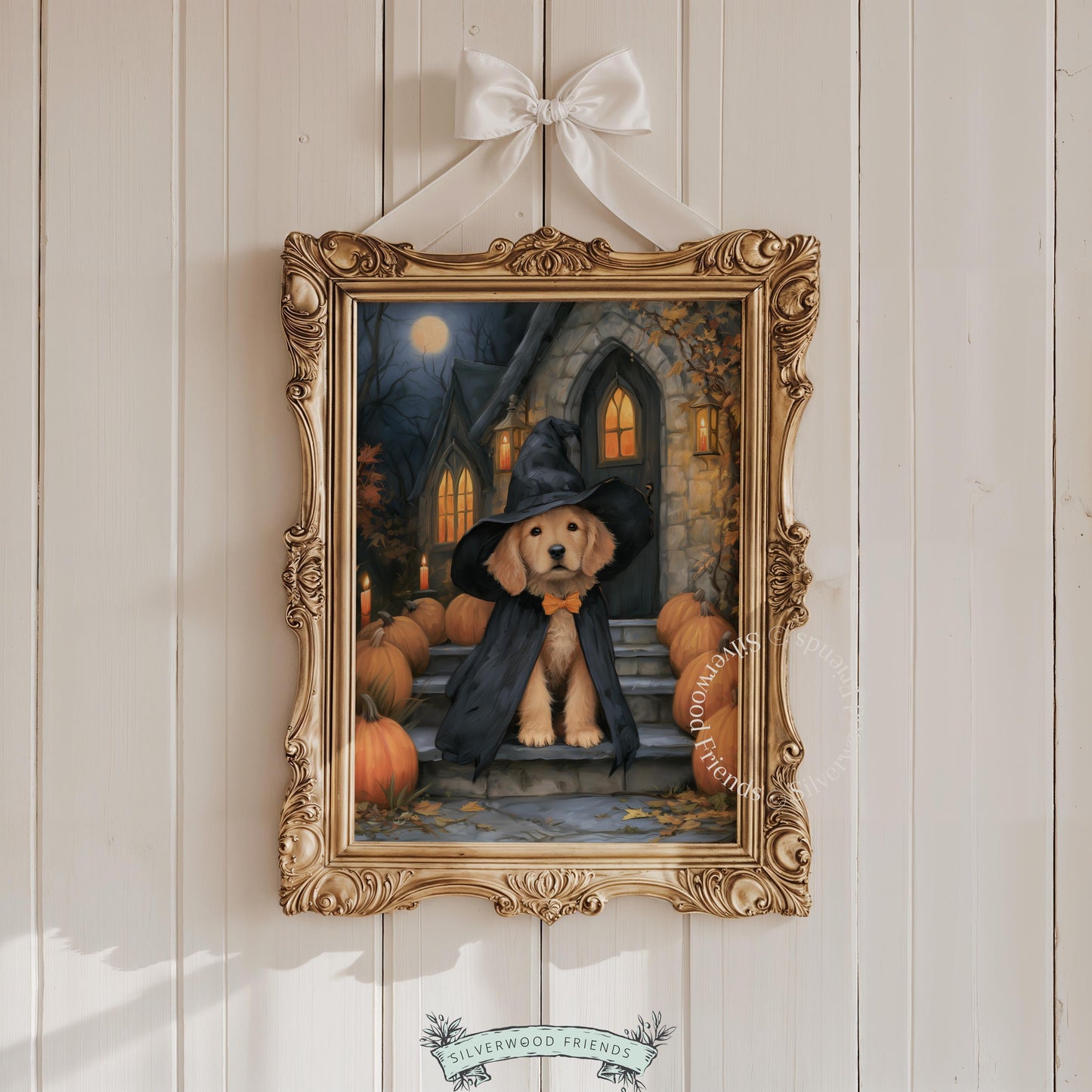 Dog in festive witch attire printable picture for family room — dark moody seasonal artwork with classical architecture and moonlight