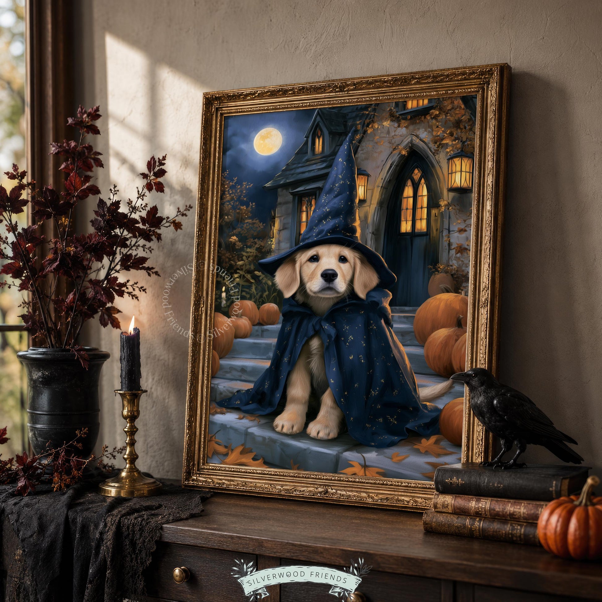 Golden retriever witch hat poster — seasonal instant download wall art with festive pumpkin accents