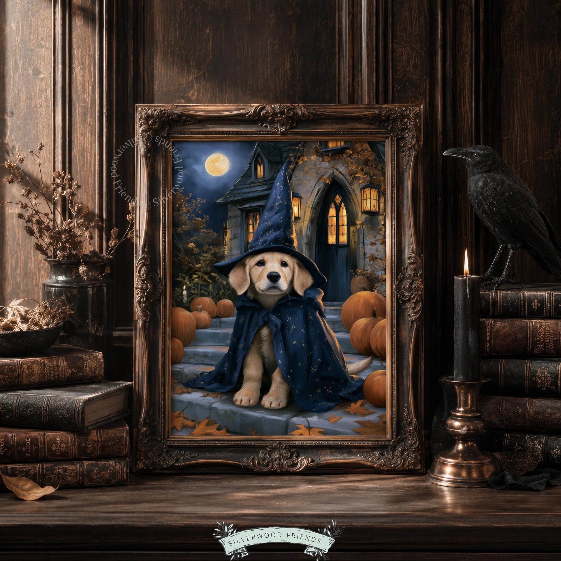 Golden retriever puppy in witch hat poster art for bedroom — spooky-cute Halloween decor with moody tones