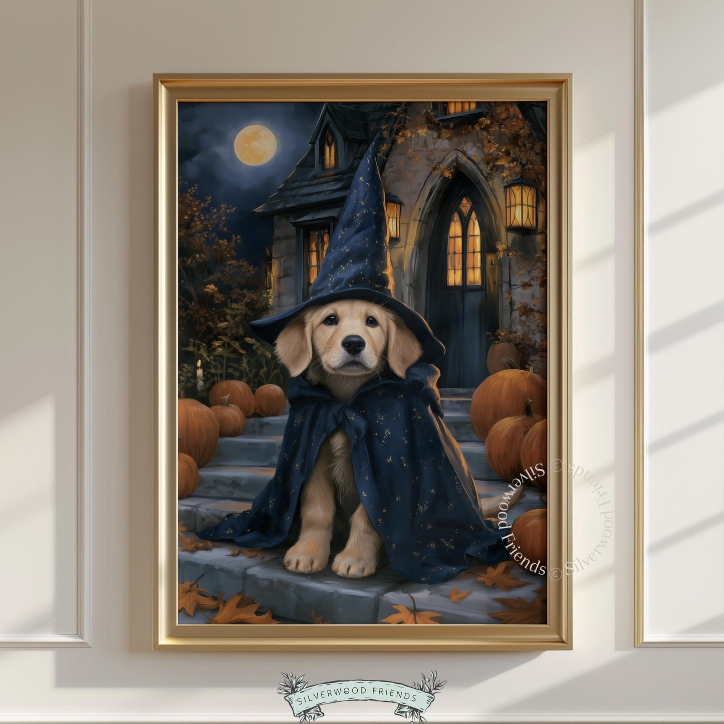 Cute puppy Halloween digital painting for gallery wall — moody dark academia inspired seasonal decor