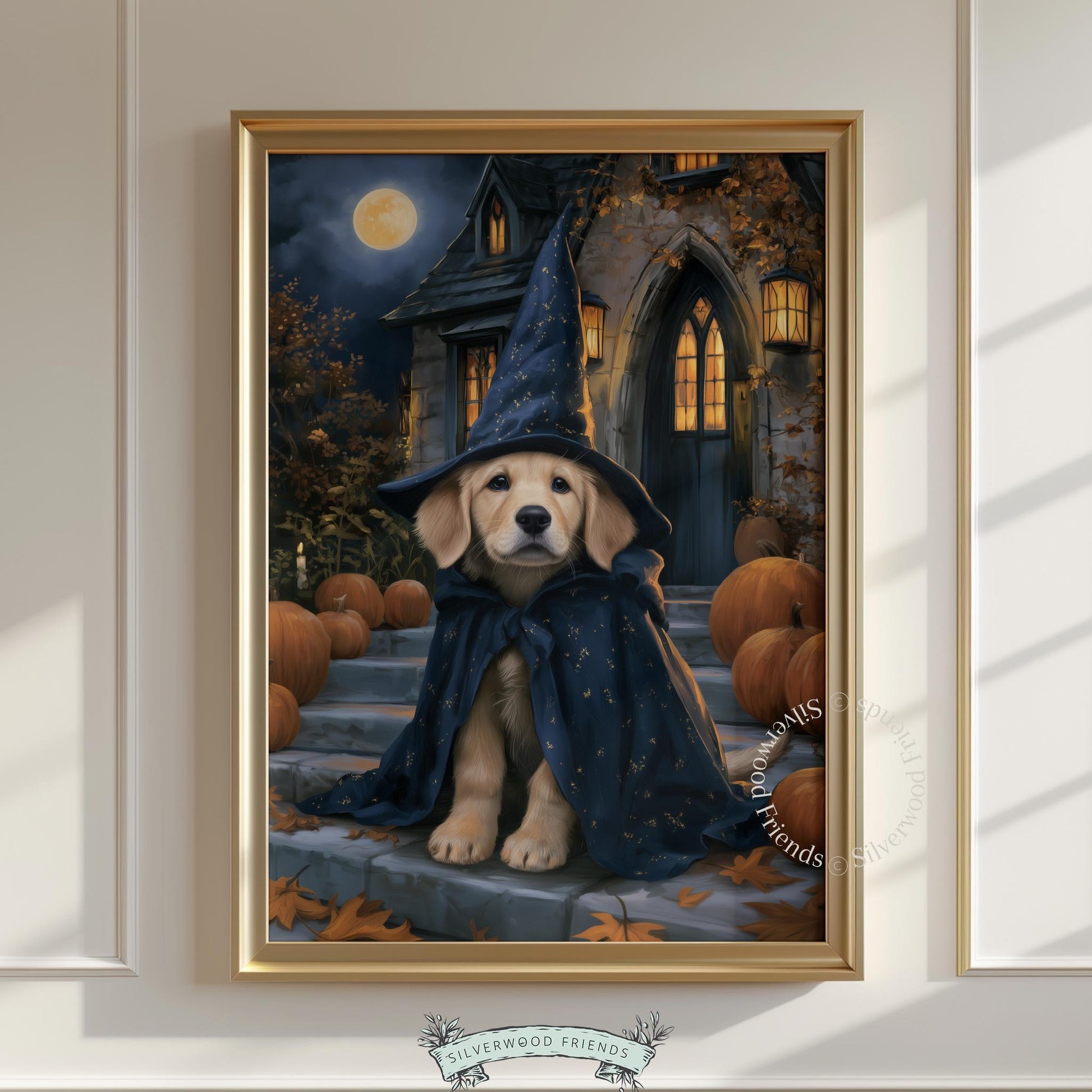 Cute puppy Halloween digital painting for gallery wall — moody dark academia inspired seasonal decor