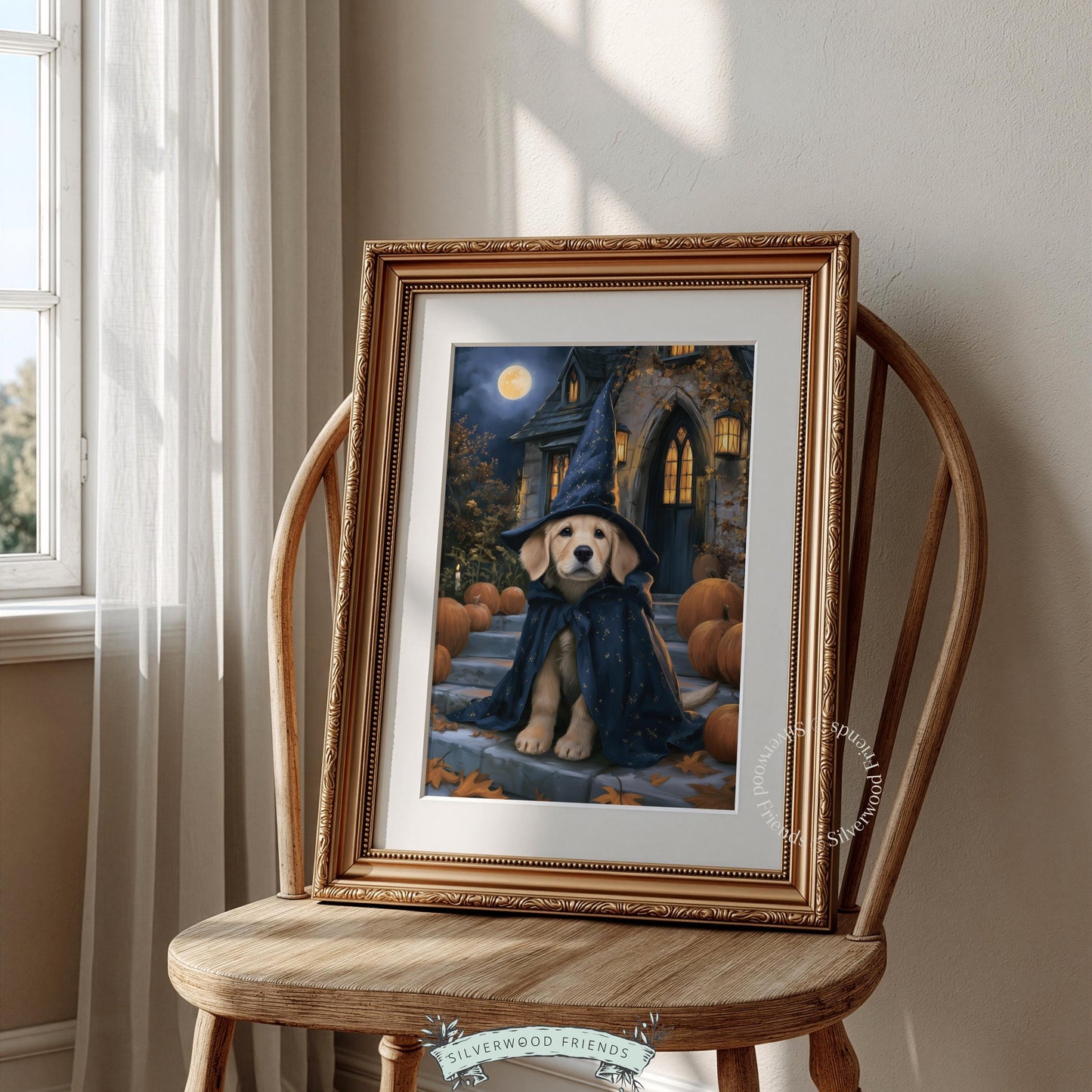Puppy in navy witch outfit printable picture — witchy home art featuring glowing house and moonlight