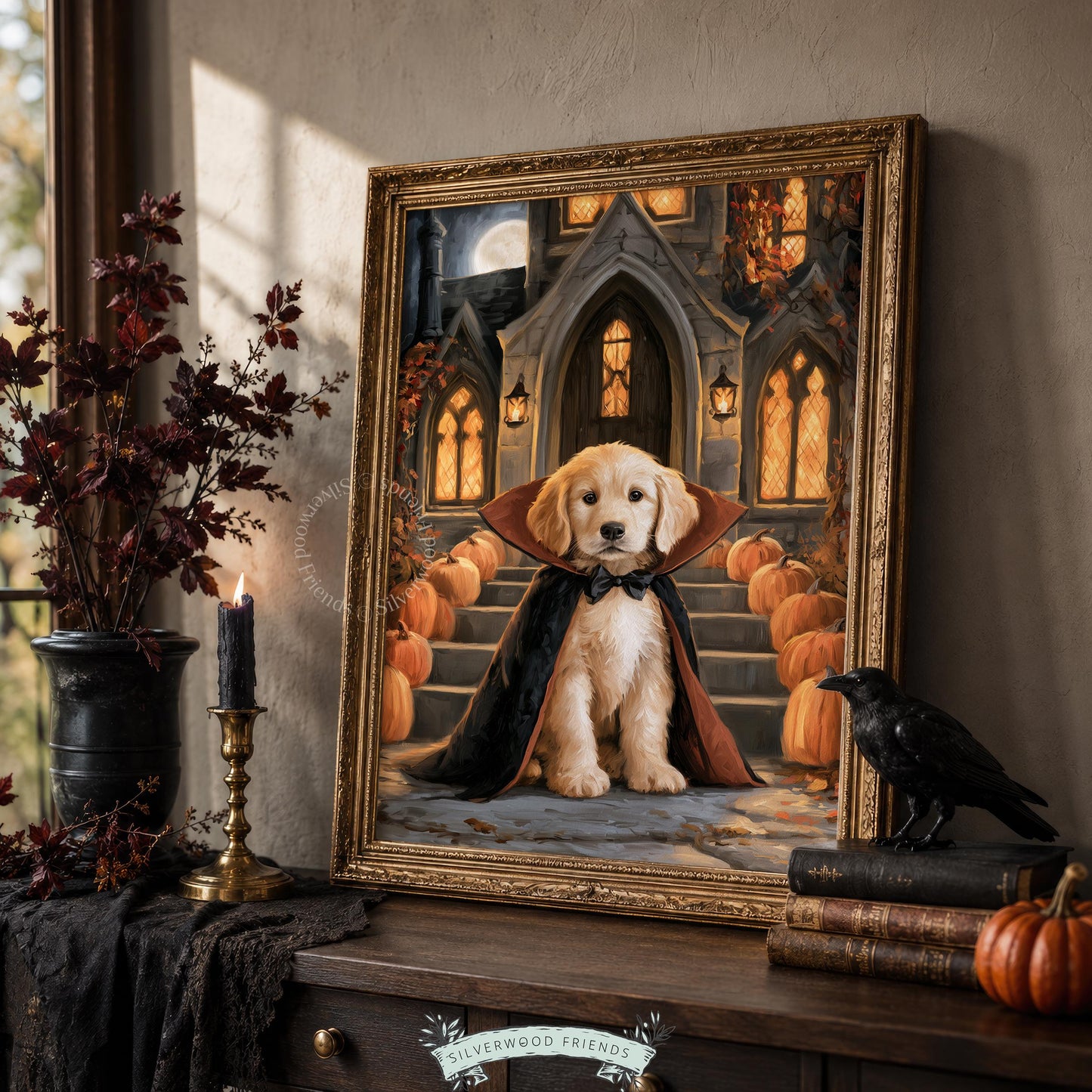 Adorable costumed puppy digital artwork for hallway — witchy fall home décor with pumpkins and moonlight