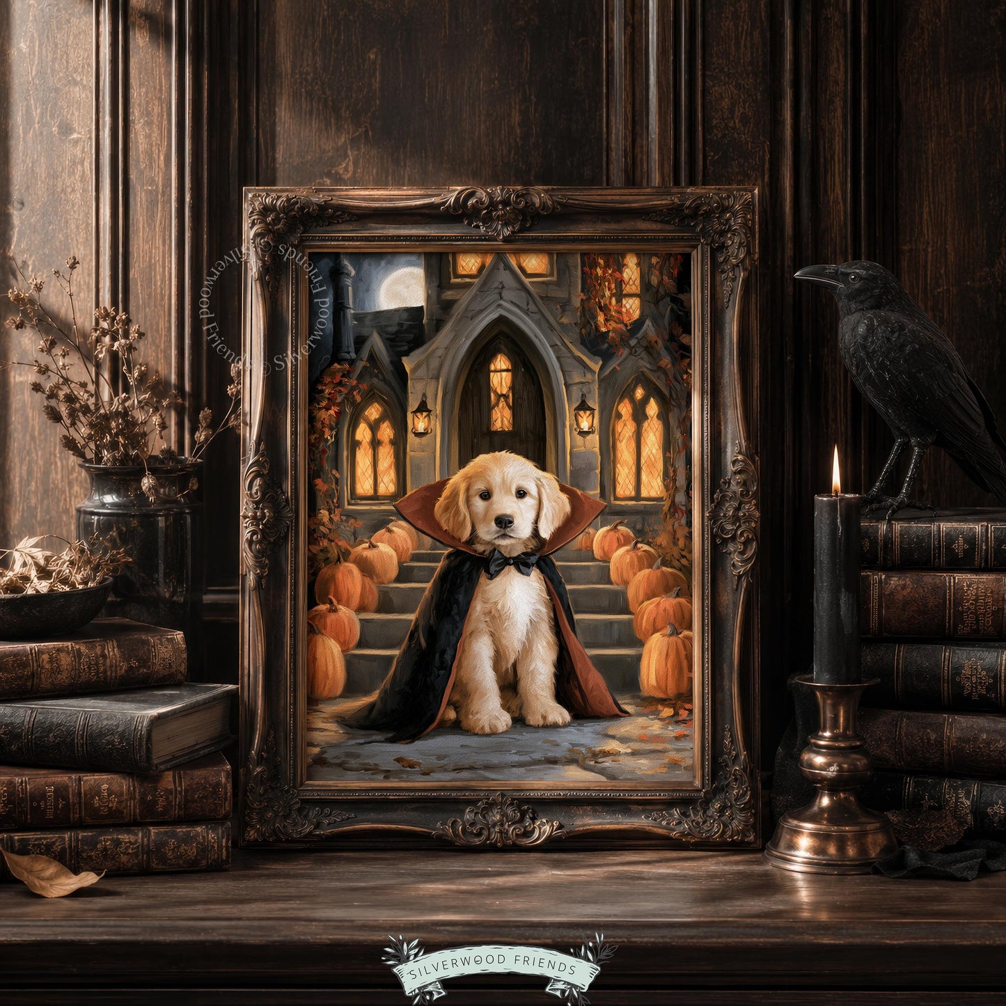 Festive puppy portrait digital print for living room — dark moody Halloween illustration with castle backdrop