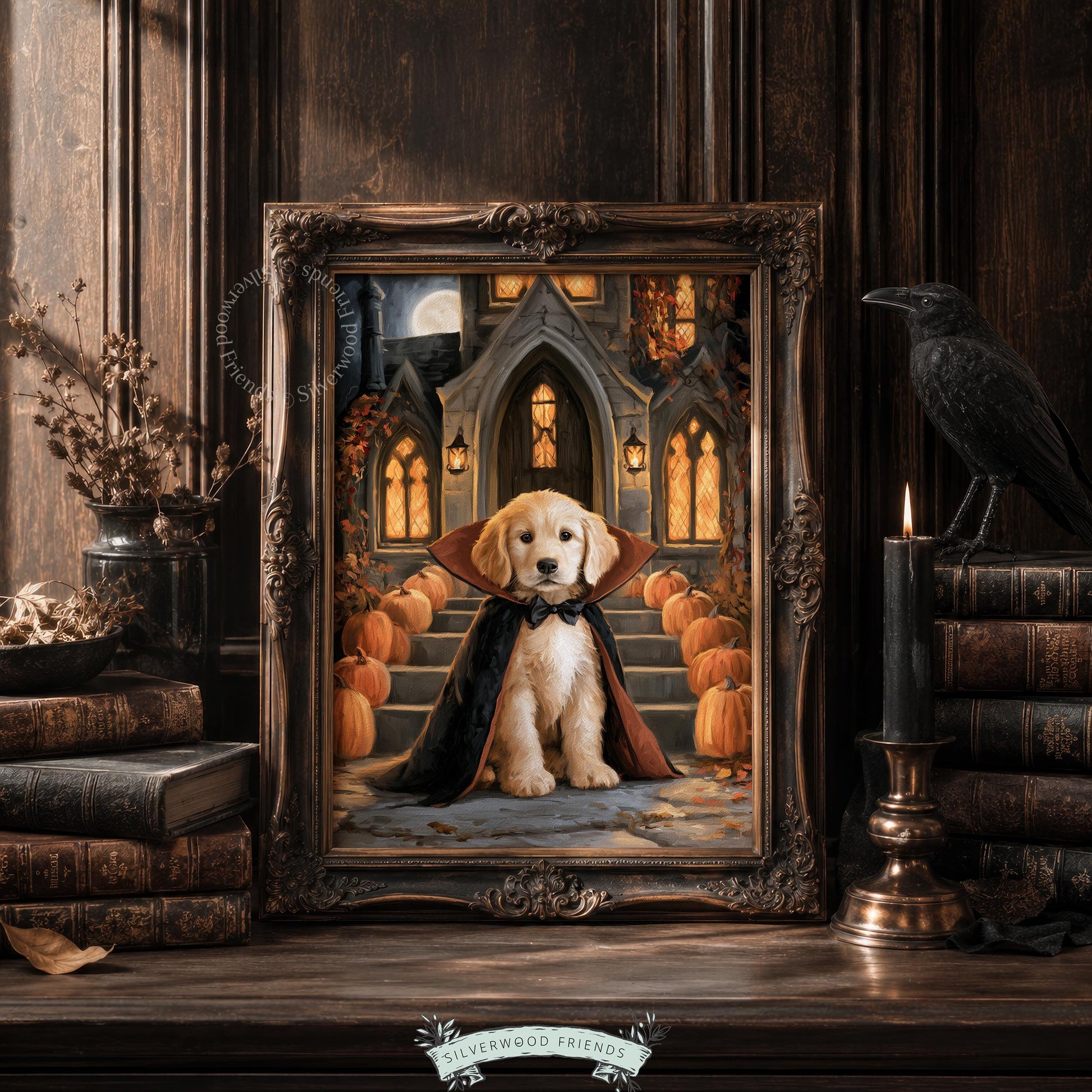 Festive puppy portrait digital print for living room — dark moody Halloween illustration with castle backdrop