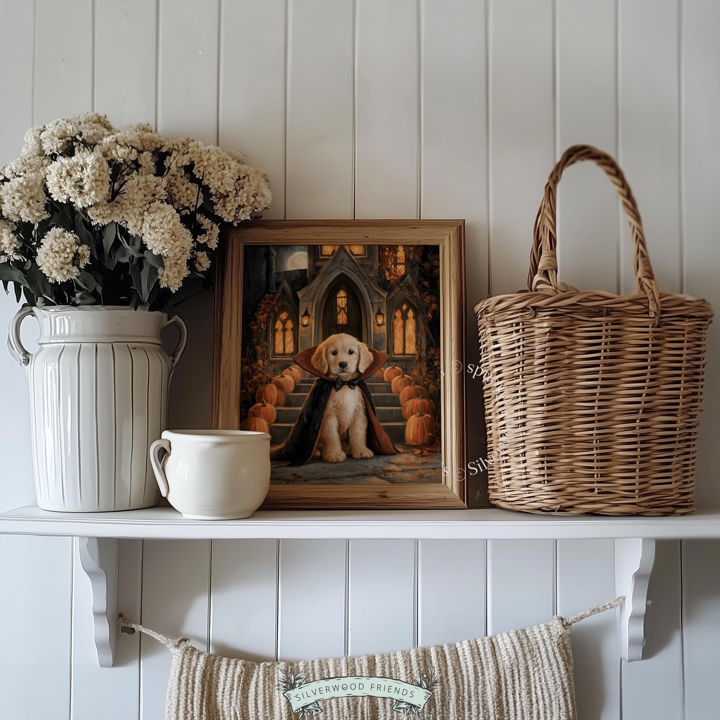 Puppy vampire character digital download for seasonal décor — moody fall wall art with glowing windows and stone architecture
