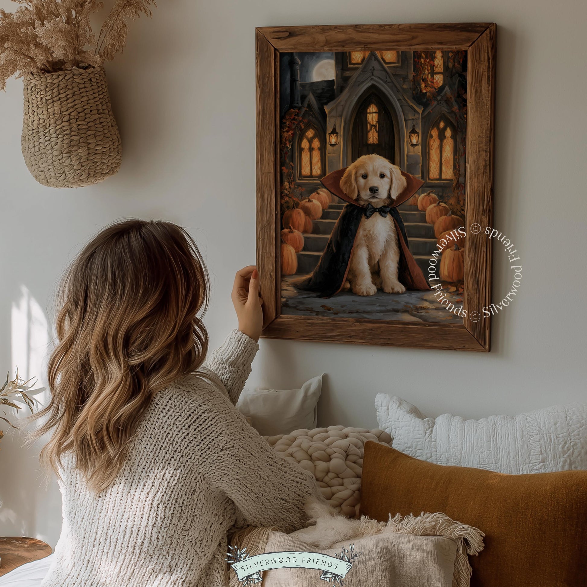 Adorable cape-wearing retriever poster for den — fall hosting décor with vintage brushwork charm