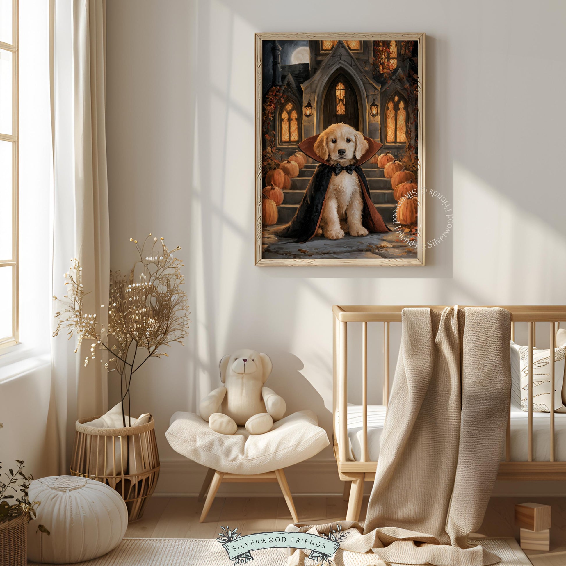 Adorable pup vampire poster for entryway — dark academia Halloween décor featuring vintage storybook style