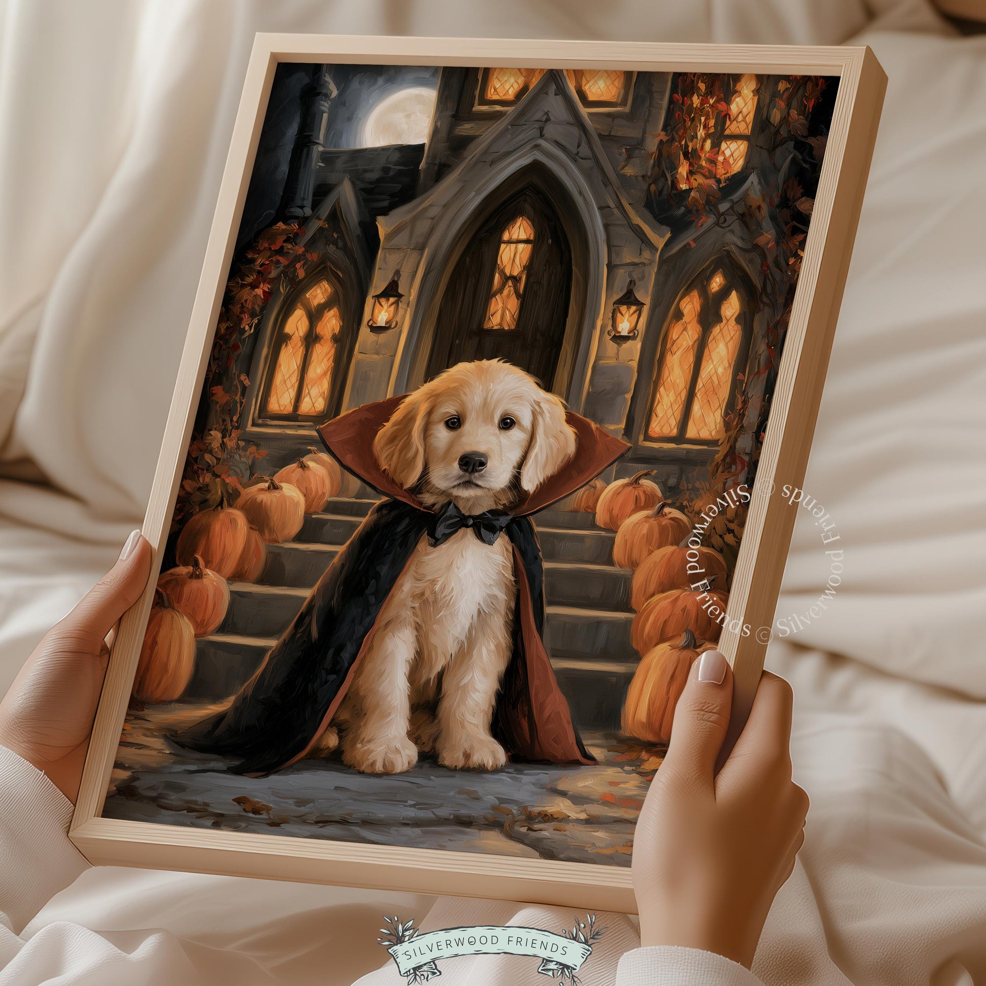 Puppy dressed as vampire digital print for home — Halloween season wall art with full moon atmosphere