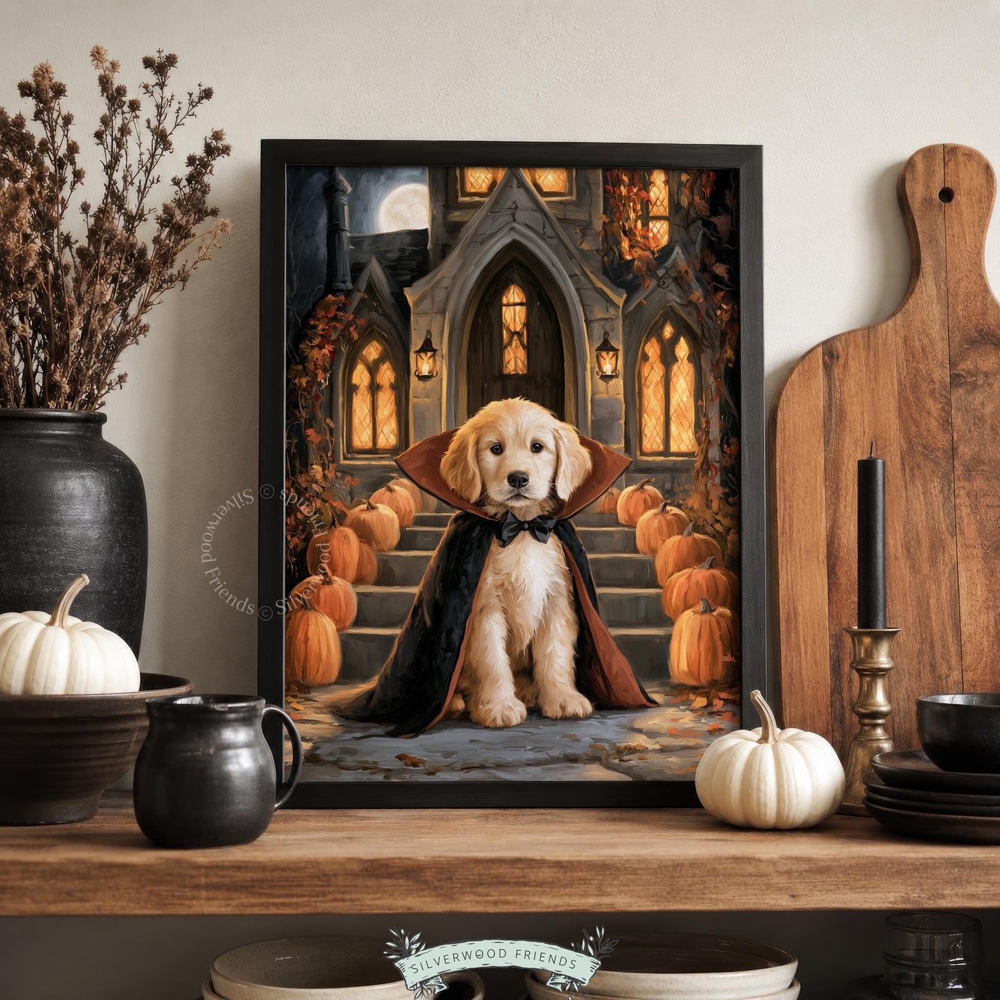 Charming vampire canine print for gallery wall — spooky-cute seasonal portrait with rustic-modern aesthetic