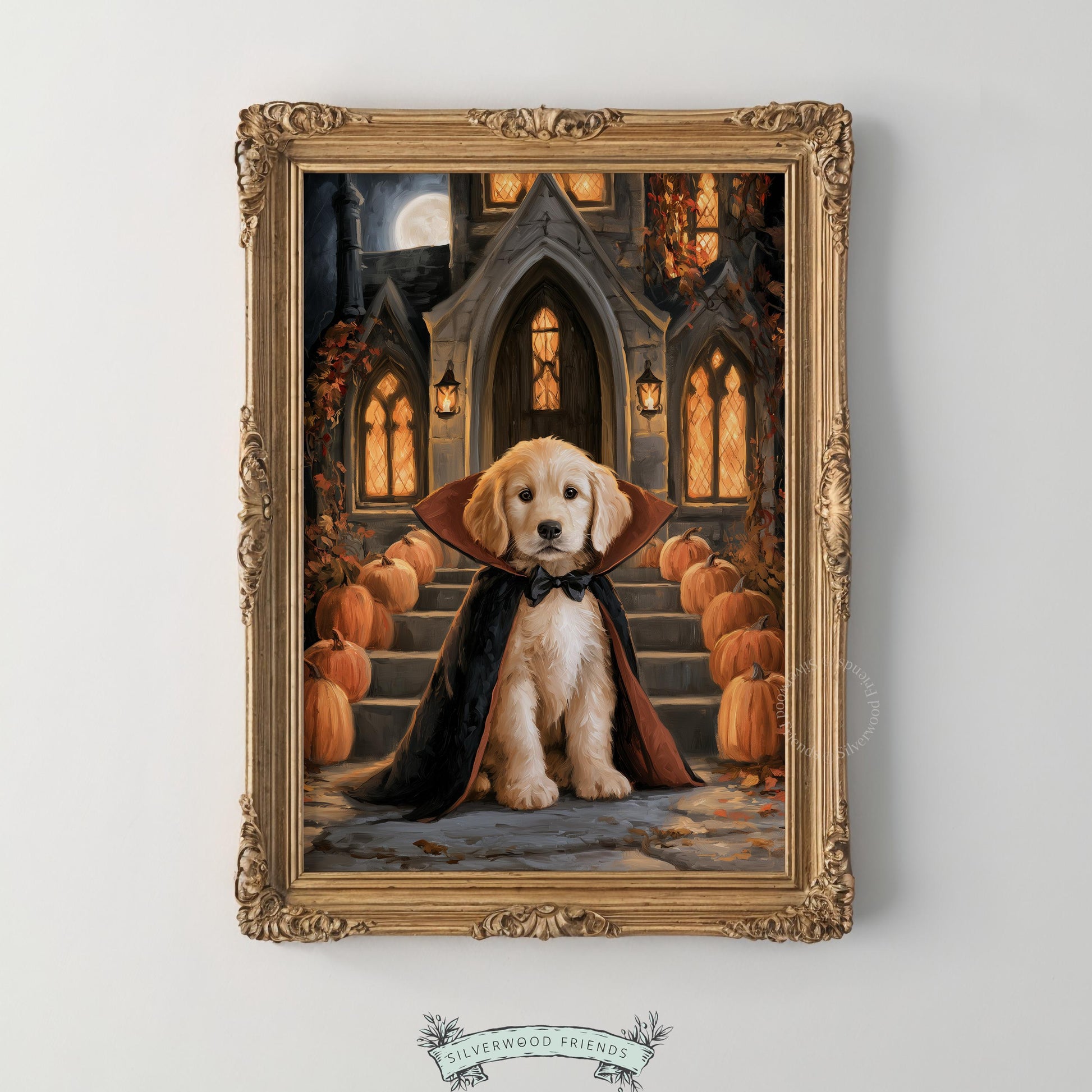 Cute pup in cape wall art printable — seasonal autumn décor with textured vintage painting style