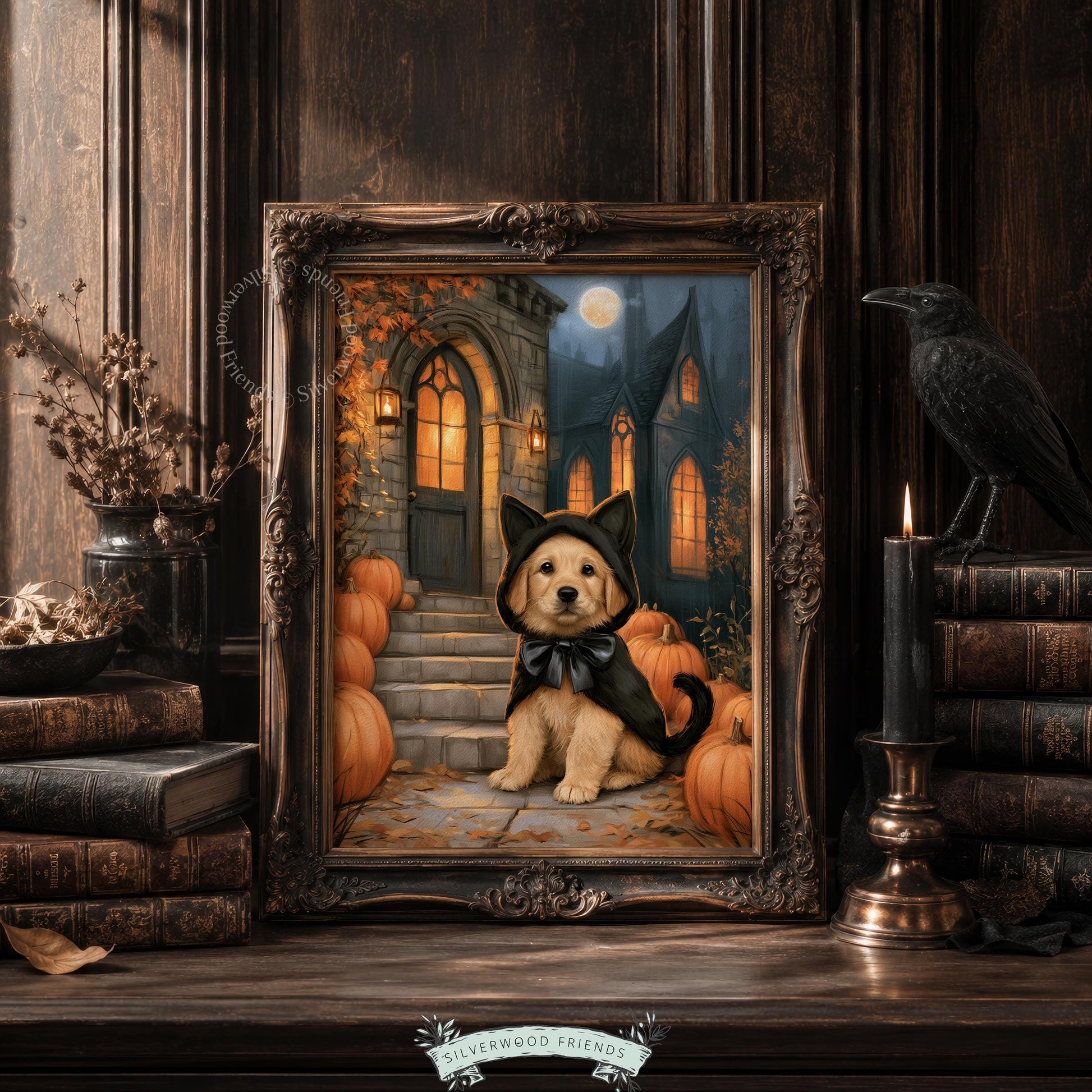Puppy dressed as cat wall art printable for autumn decorating — moody glowing lantern scene with full moon backdrop