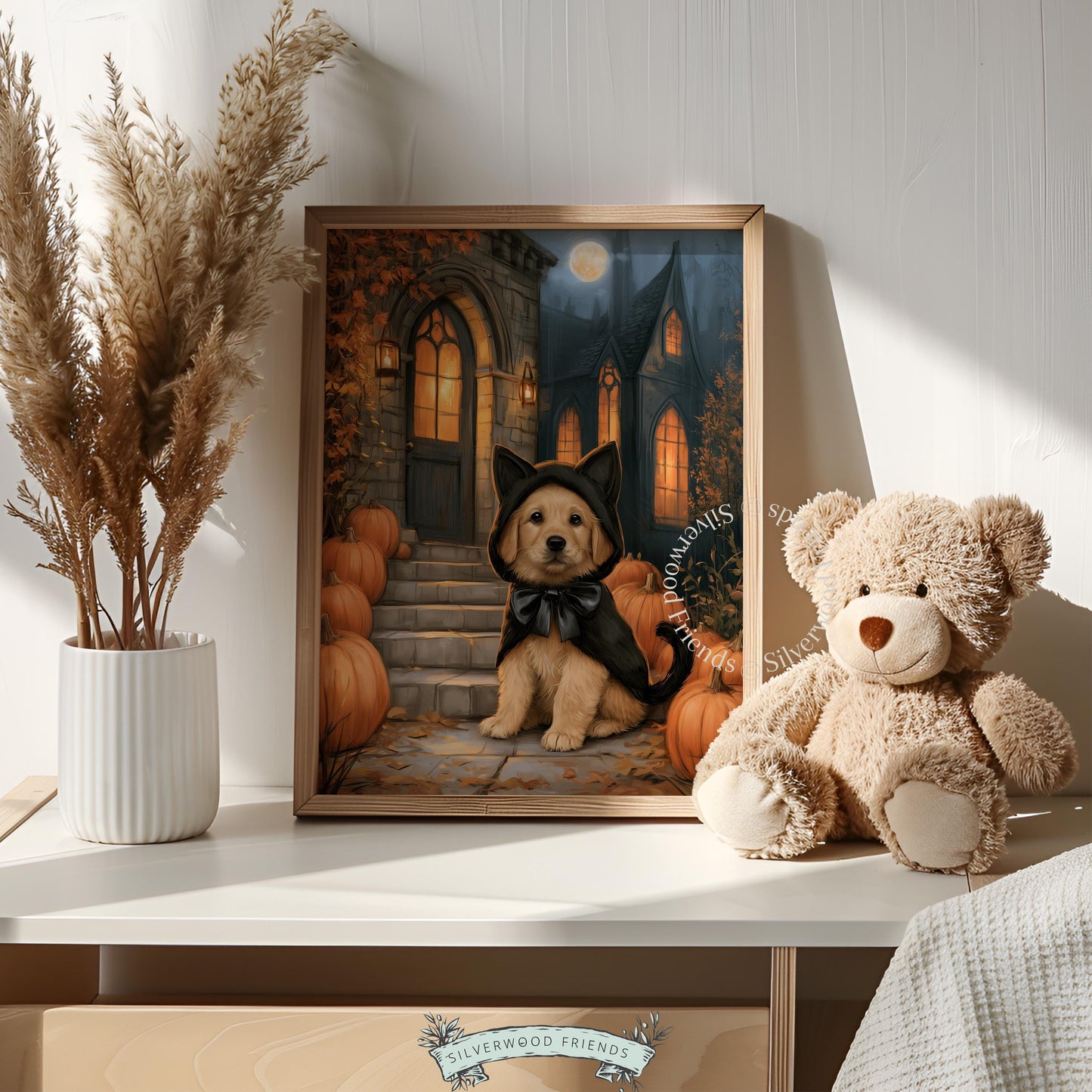 Adorable dog dressed as black cat wall art for festive fall décor — glowing lanterns and haunted house gothic aesthetic