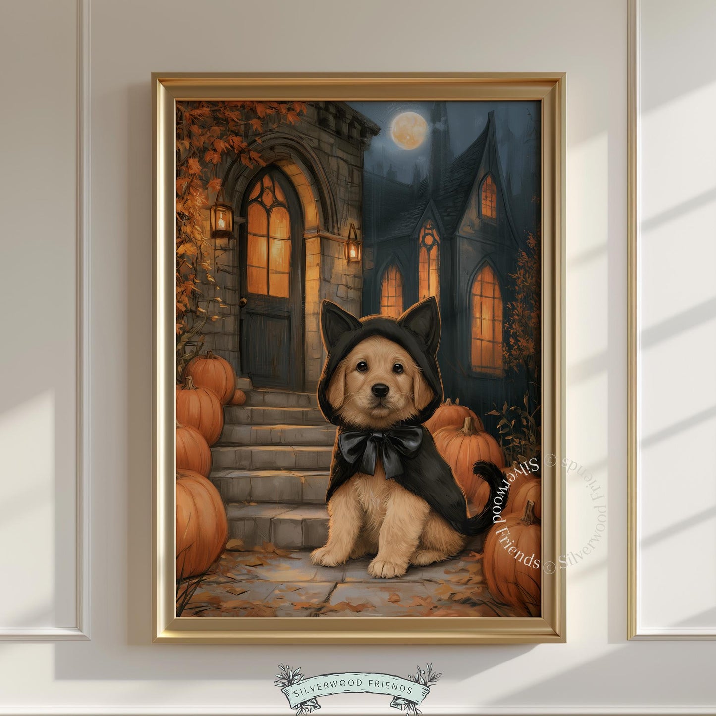 Cute retriever Halloween costume artwork for friendly festive spaces — warm painterly tones gothic mansion dark academia vibes