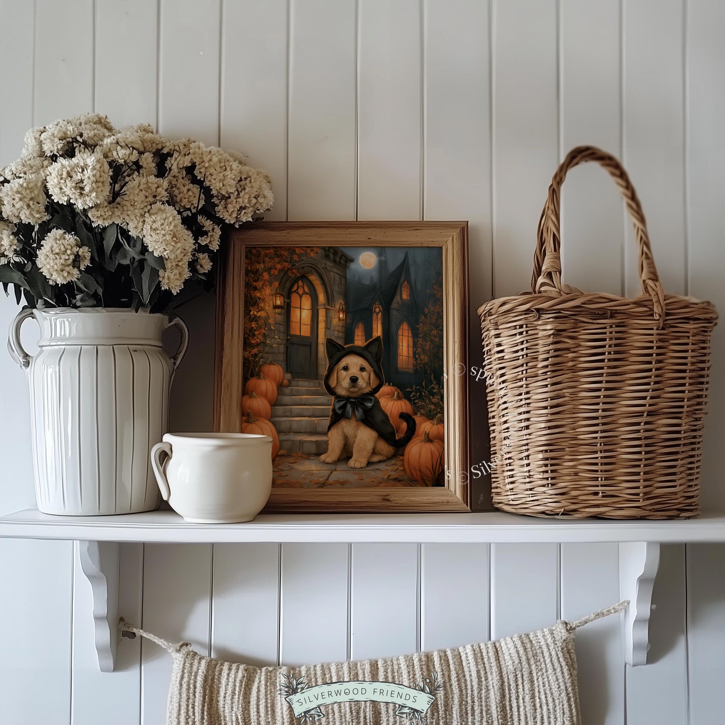 Cute dog Halloween art printable for rustic cottage walls — moody atmospheric with haunted mansion and autumn setting