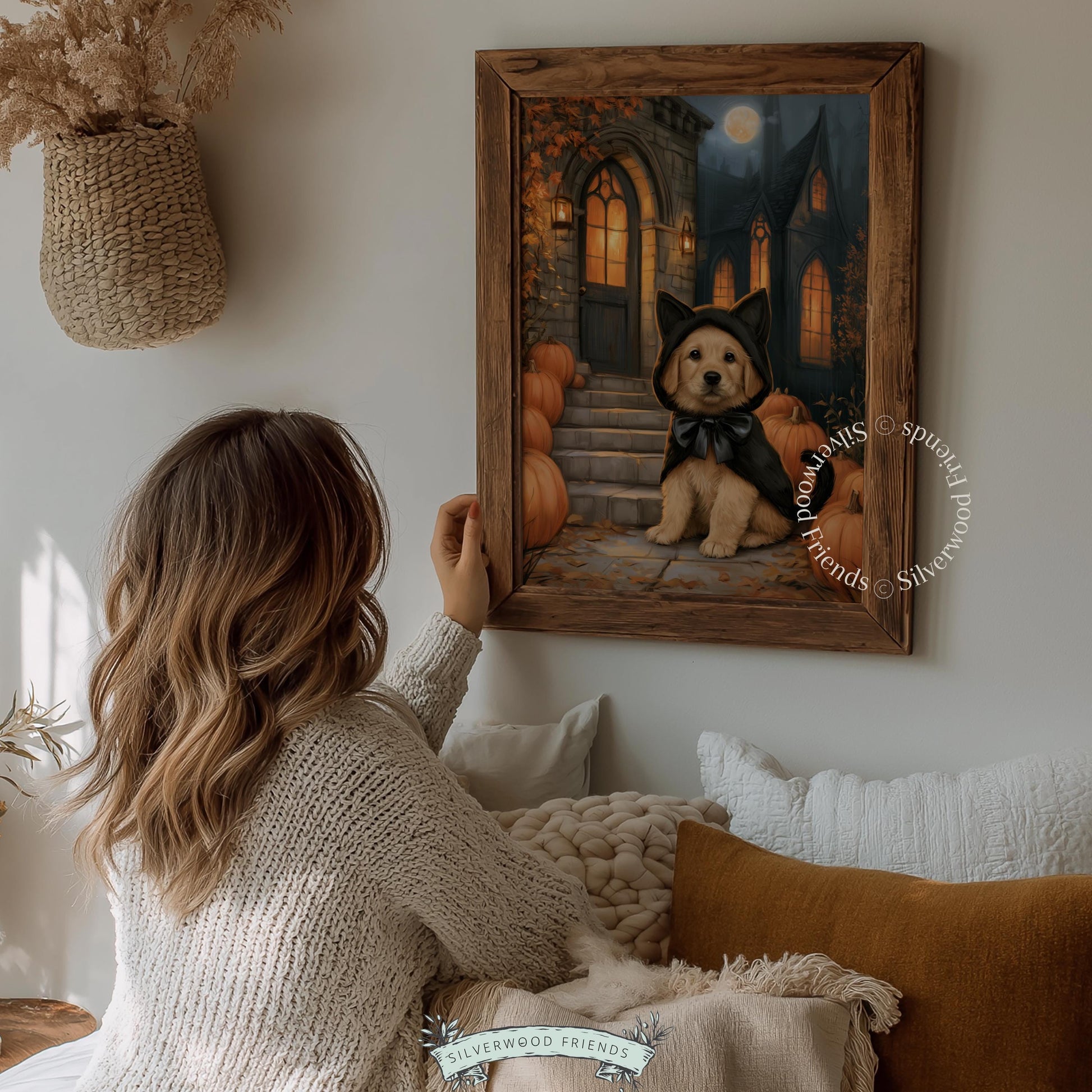 Cute seasonal pup artwork instant download for fall entertaining — cozy moody scene with lanterns moonlight pumpkins