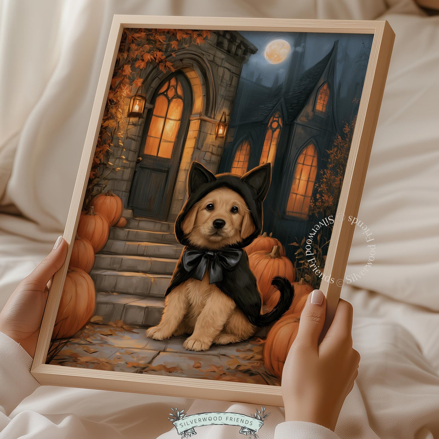 Festive puppy Halloween digital print for living room walls — moody spooky cute with mansion landscape autumn foliage