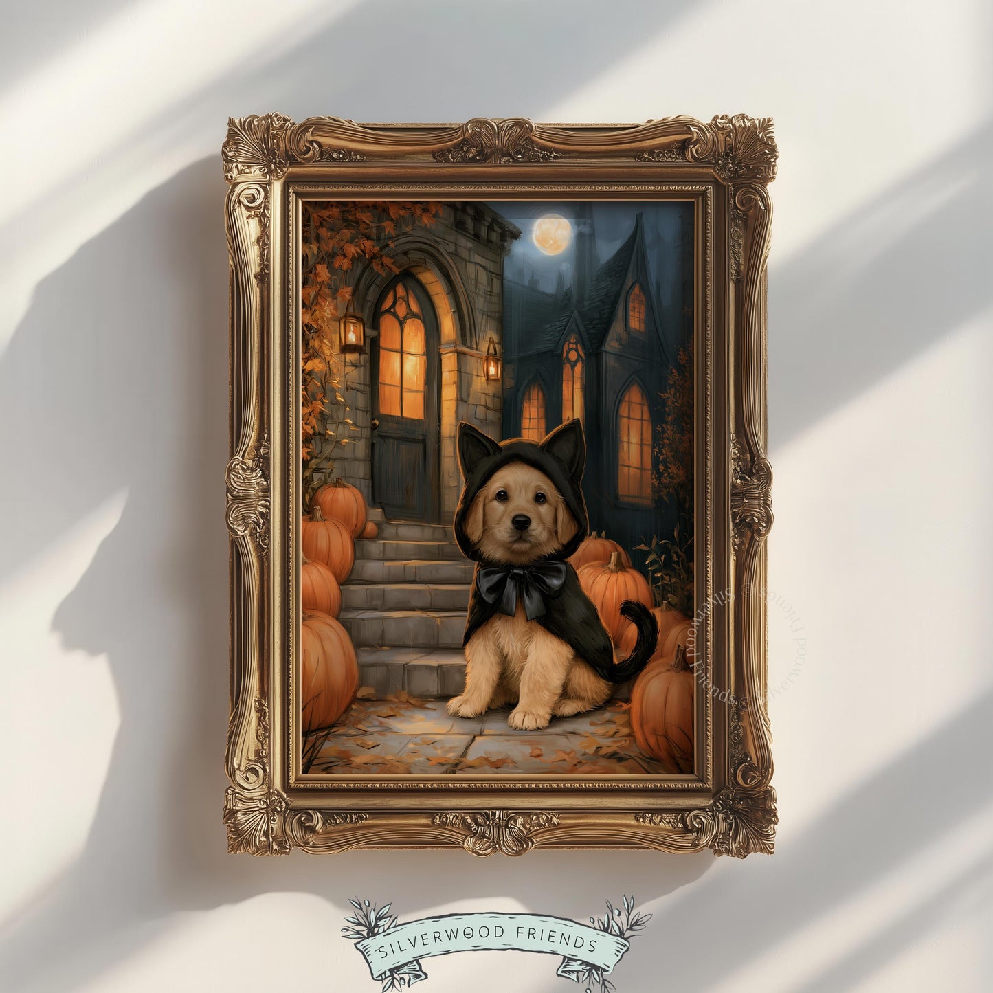 Adorable pup in Halloween outfit printable art for friendly cozy spaces — moody warm painting featuring festive seasonal elements