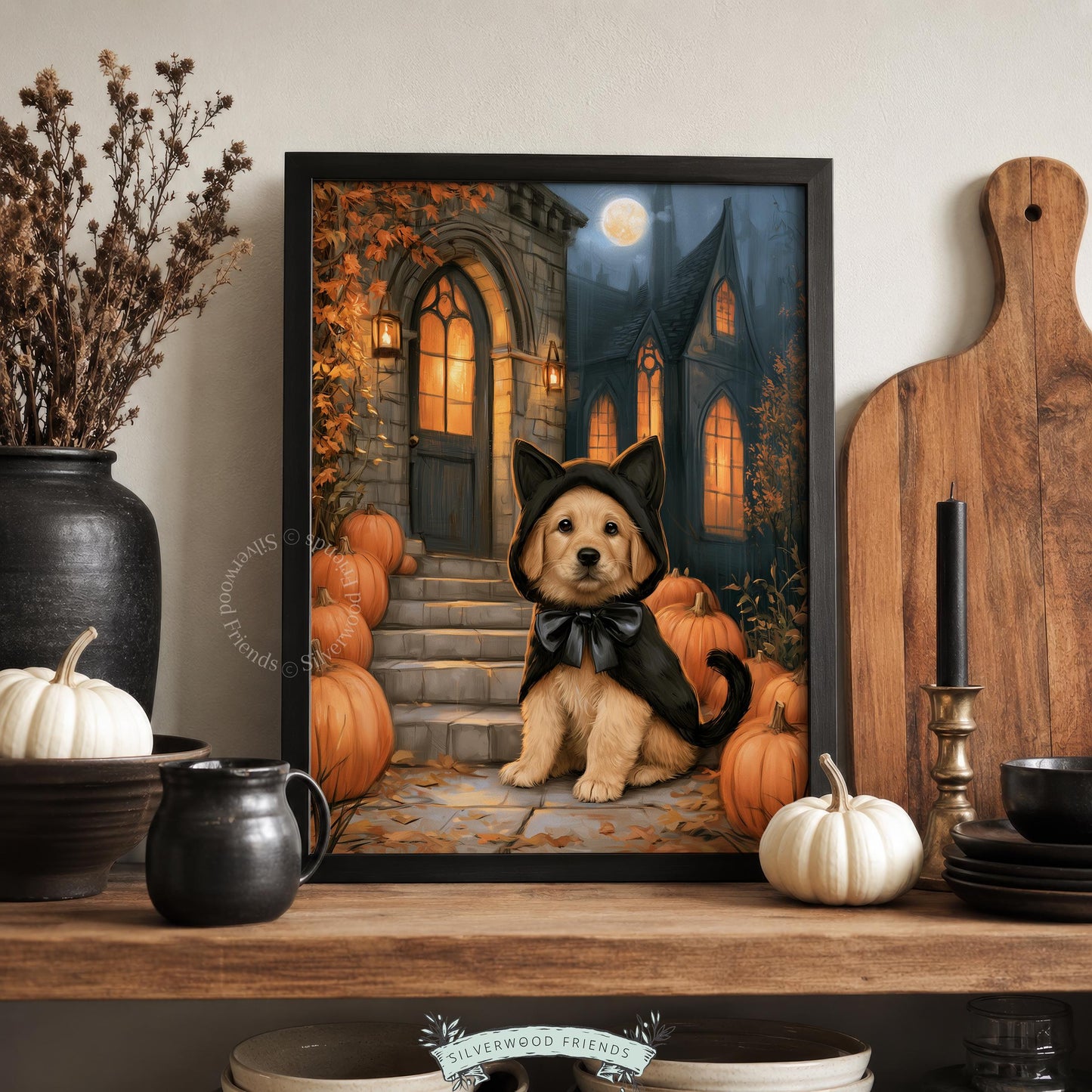 Retriever in cat costume wall print for fall hosting spaces — festive painting with eerie gothic charm and warm tones