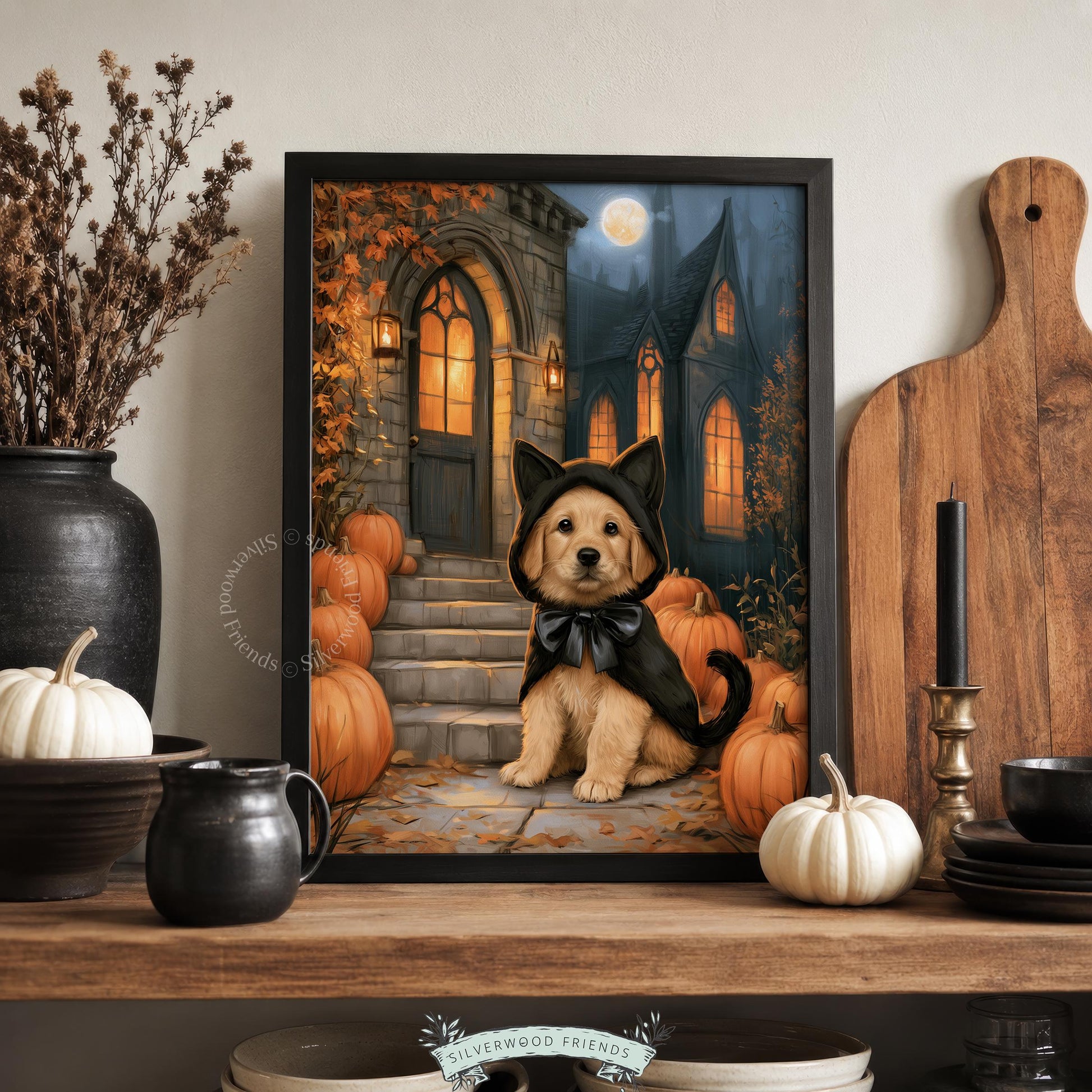 Retriever in cat costume wall print for fall hosting spaces — festive painting with eerie gothic charm and warm tones