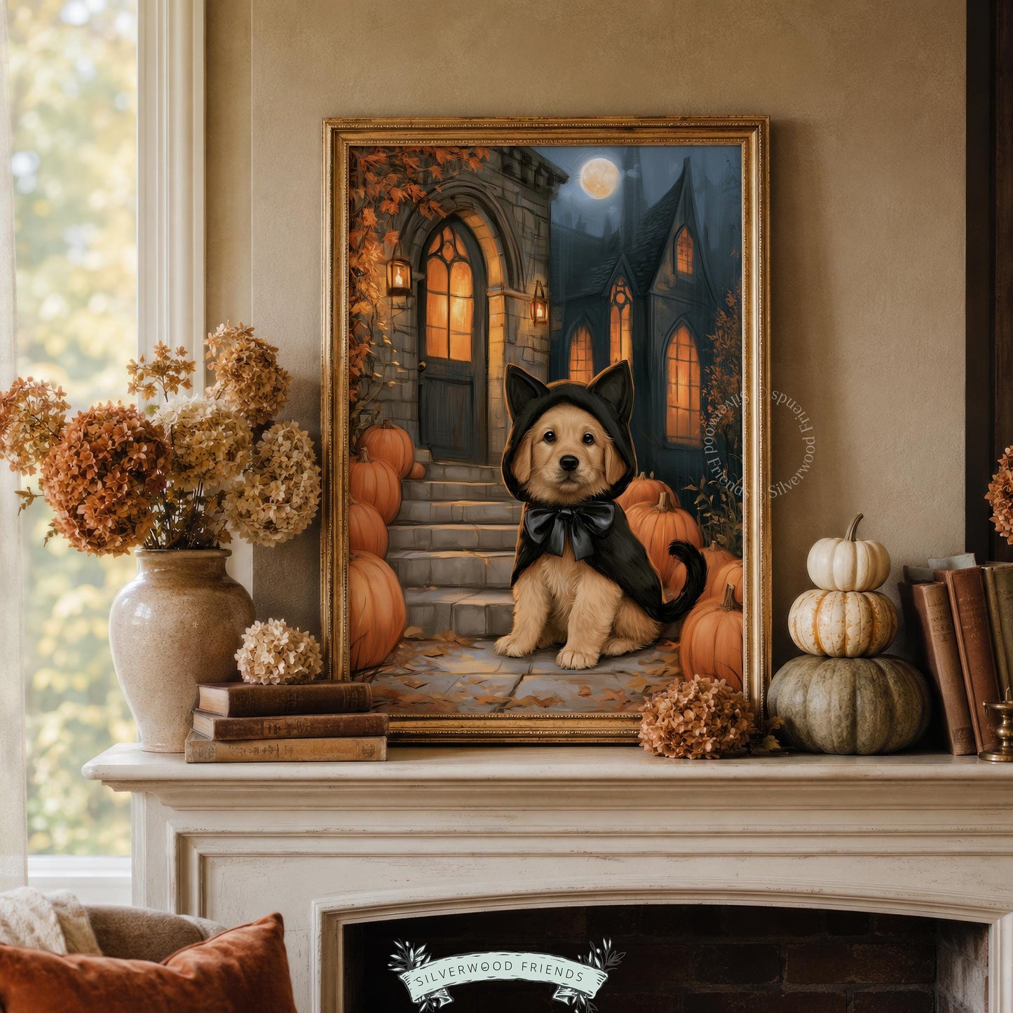 Golden retriever puppy in cat costume printable art for Halloween bedroom — spooky cute moody design with pumpkins and mansion backdrop