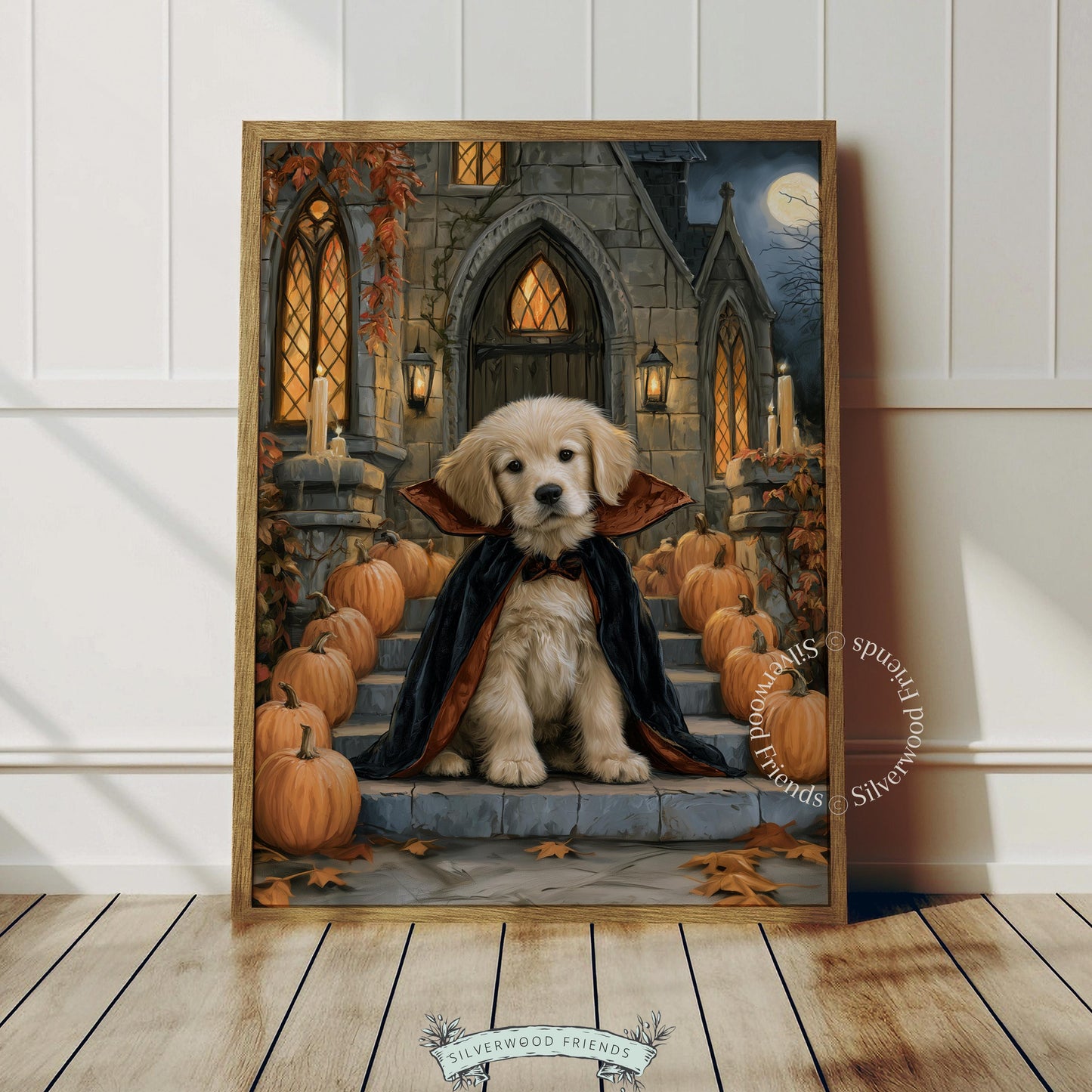 Halloween dog painting for game room — festive dark mood featuring pumpkins and ivy vines