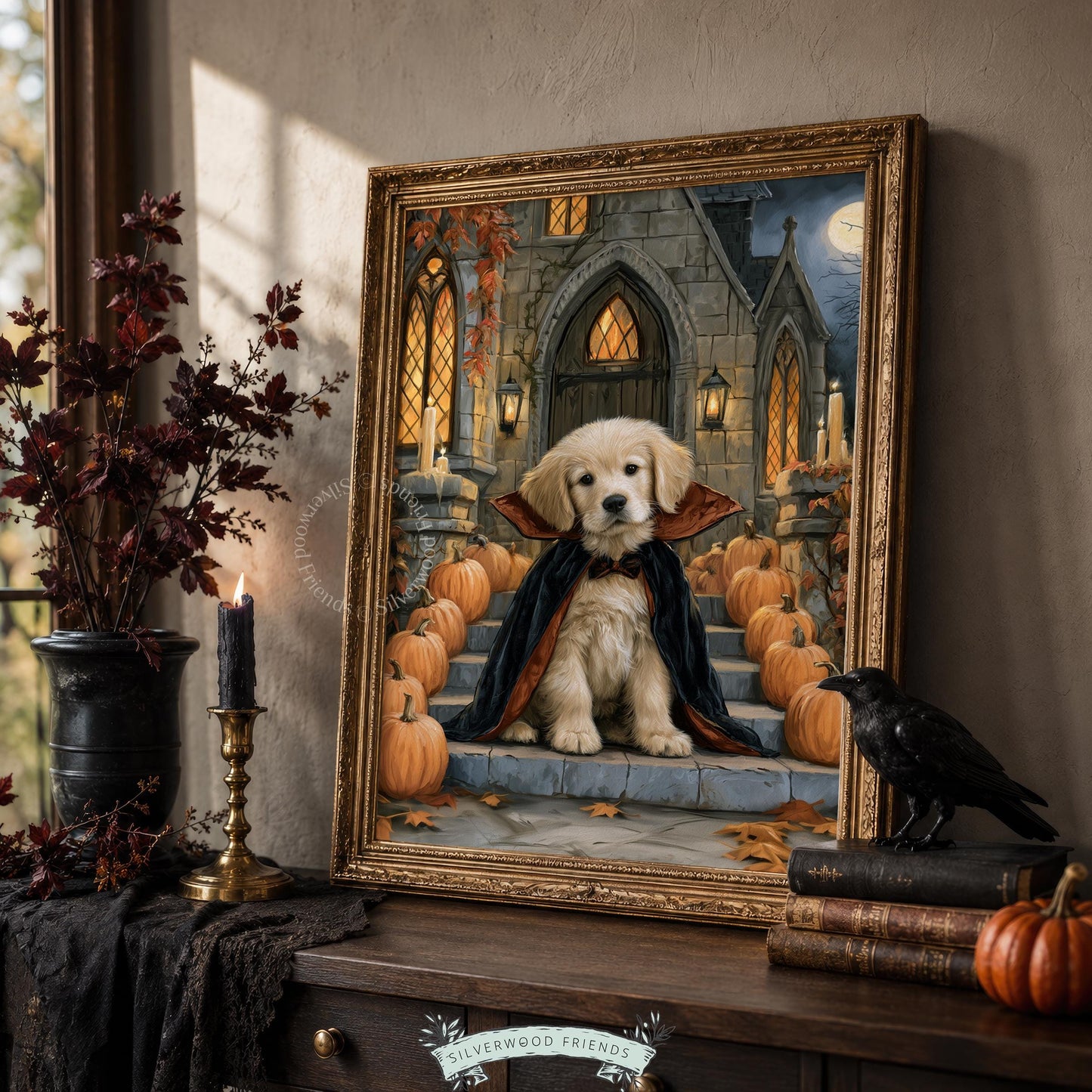 Puppy vampire portrait printable art for hallway — festive dark fantasy with pumpkins and moonlight