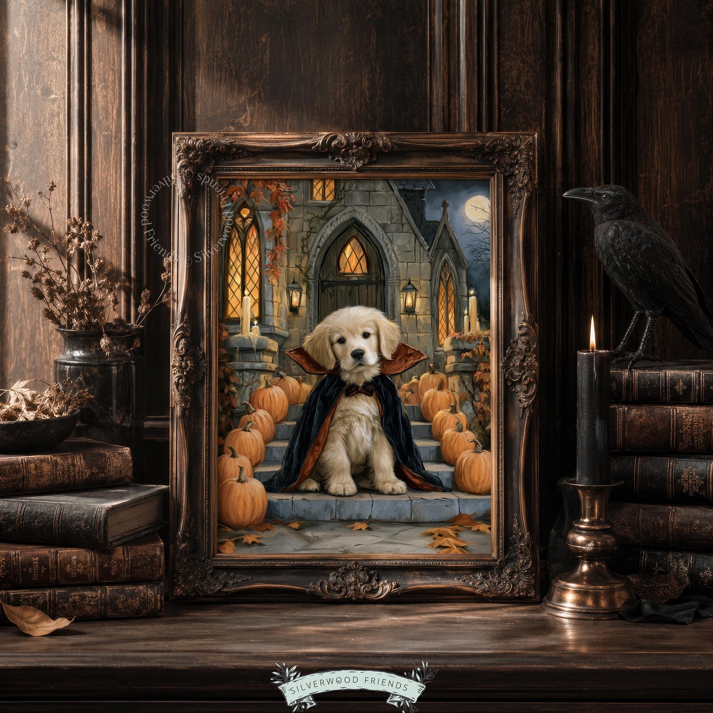 Halloween retriever digital print for gallery wall — moody season decor with stone steps and pumpkins