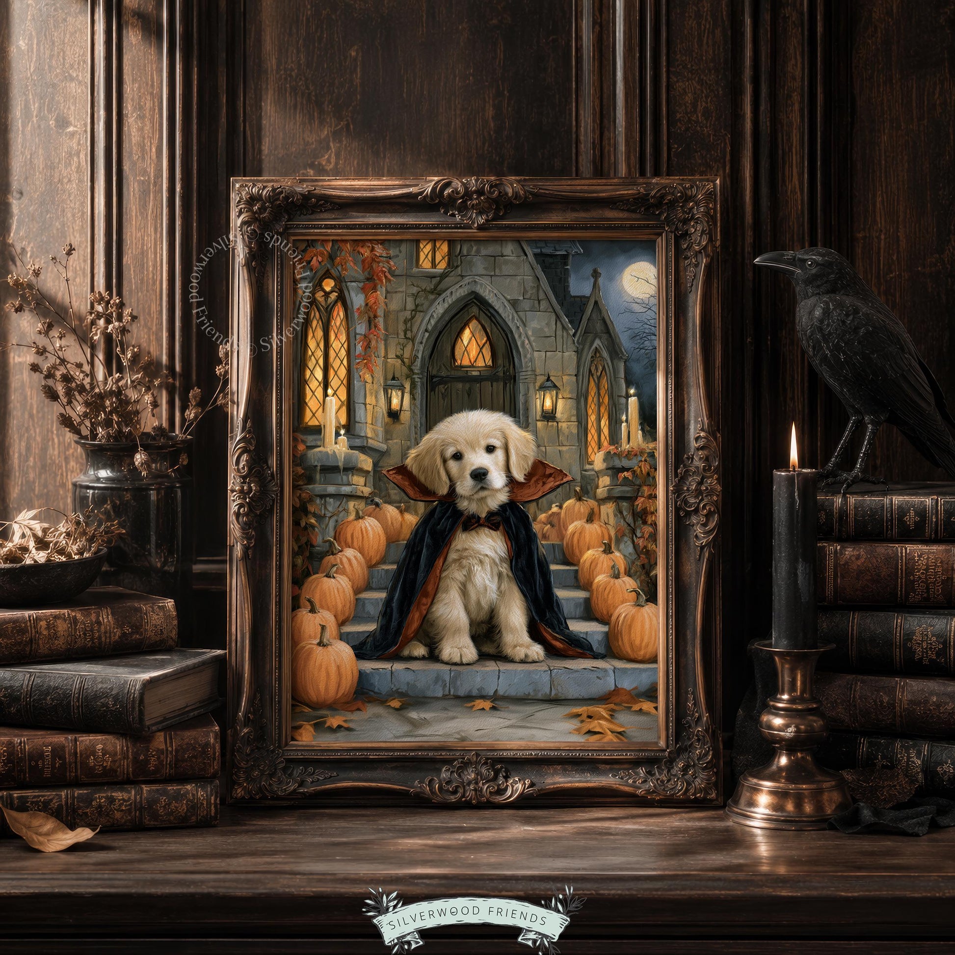 Halloween retriever digital print for gallery wall — moody season decor with stone steps and pumpkins