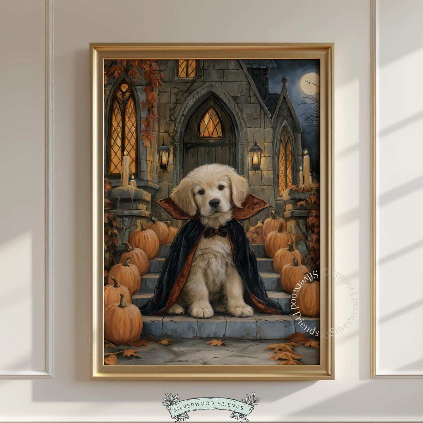 Costumed pup poster for bedroom — cozy gothic illustration featuring autumn leaves and lanterns
