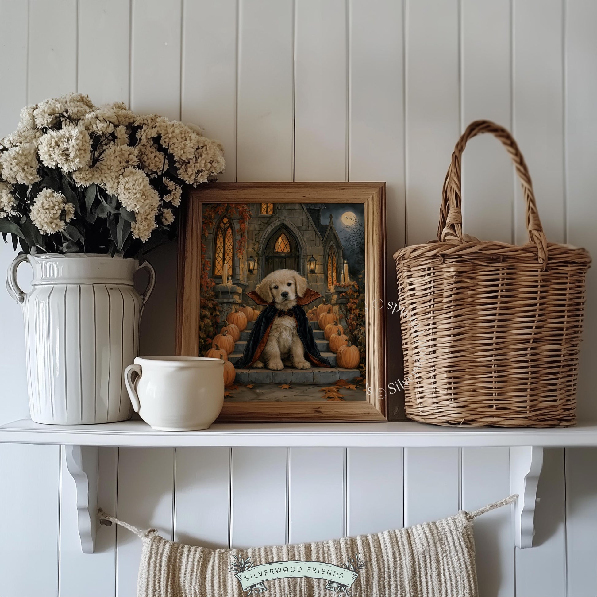 Golden retriever in costume printable picture for fall decor — warm moody illustration with ivy-covered stones