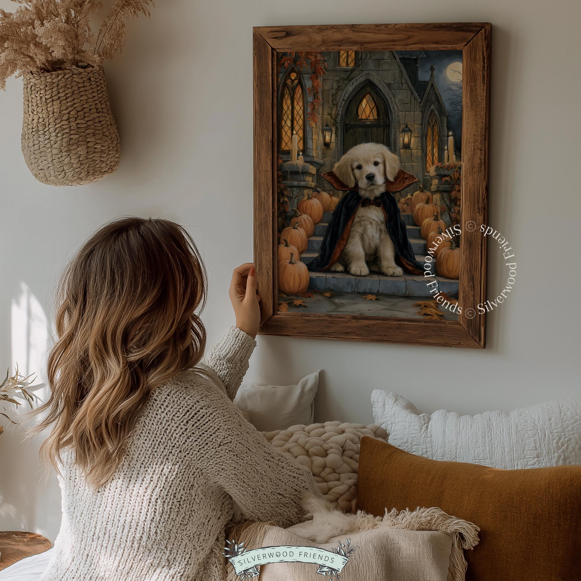 Vampire-dressed golden retriever digital wall art — dark cottagecore aesthetic with moonlit castle