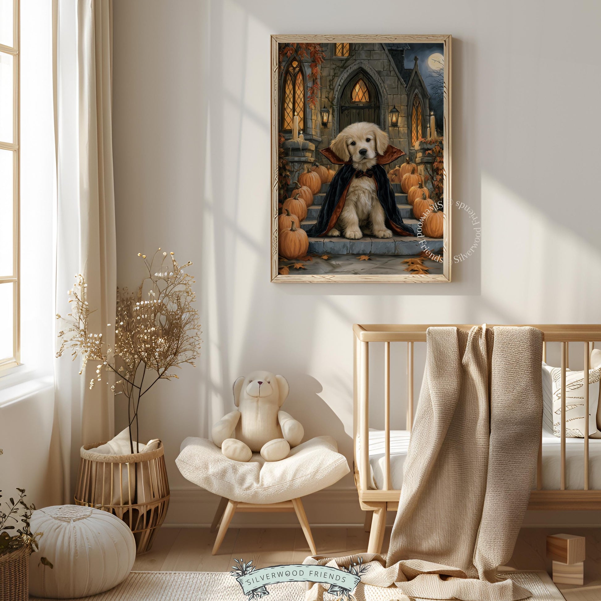 Golden retriever pup halloween picture instant download — moody painterly style gothic setting