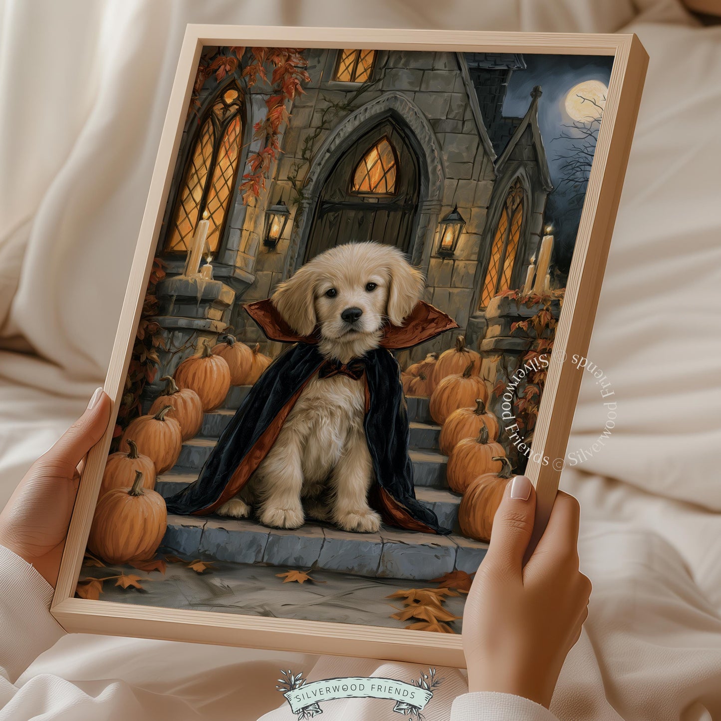Dog dressed in cape wall decor for study — spooky cozy illustration with fall foliage details