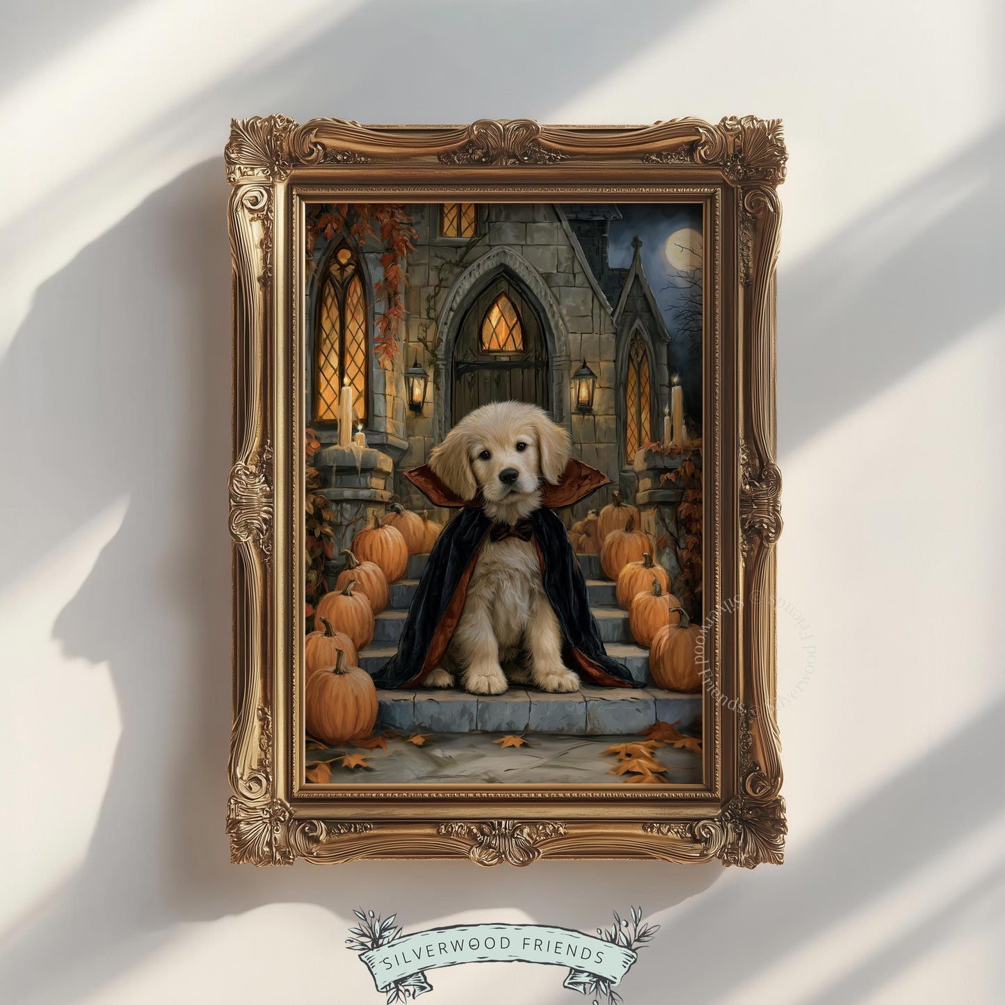 Witchy home decor dog artwork — autumn castle scene with glowing lanterns and ivy backdrop