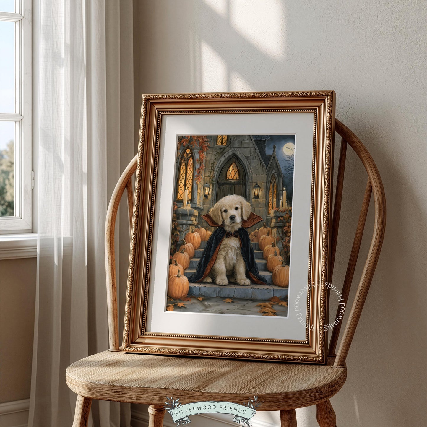 Cute puppy cape artwork for kitchen — moody nights with glowing jack-o'-lantern accents