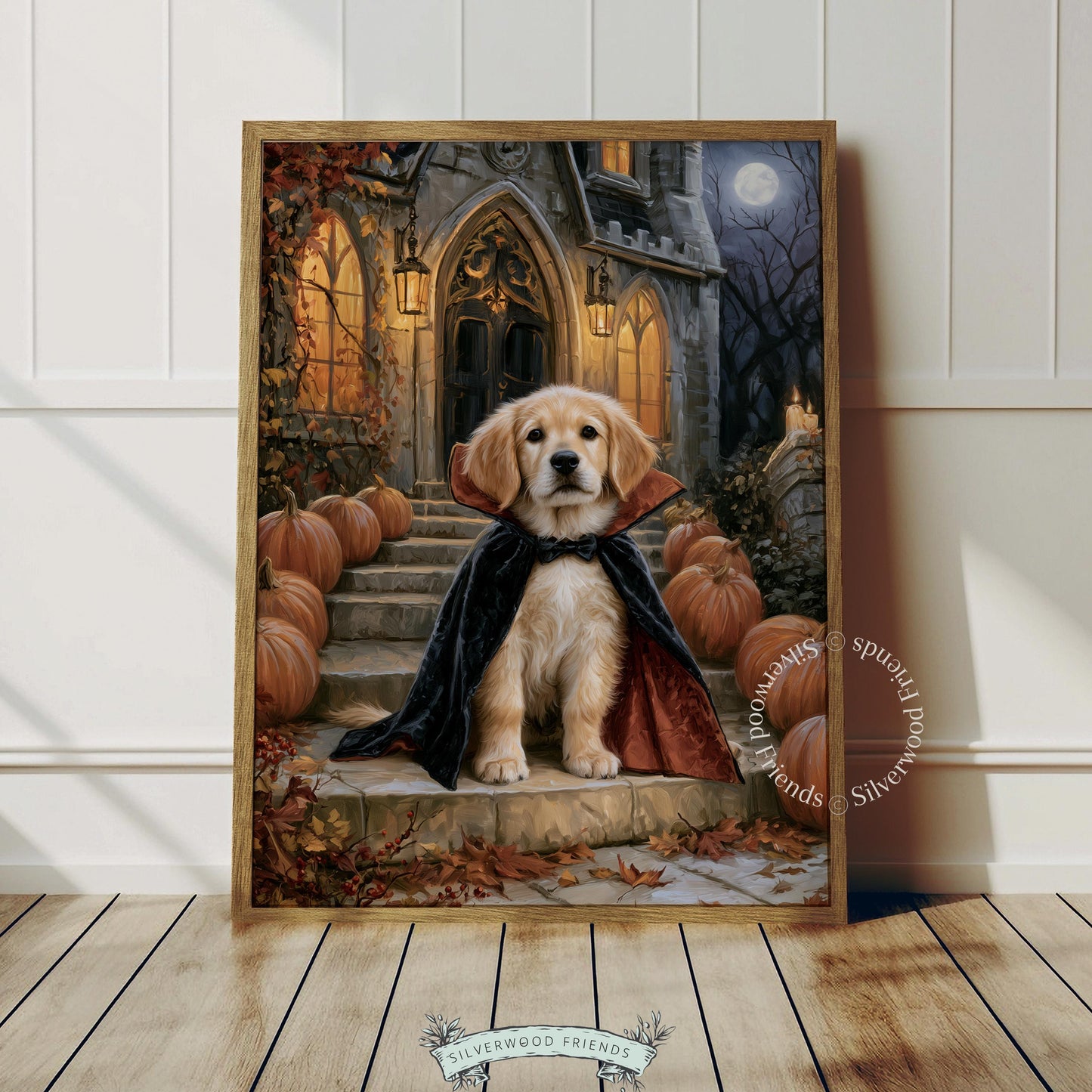 Rustic autumn cottage dog wall art printable — vintage-style spooky painting with cute pup in vampire costume and gothic castle backdrop