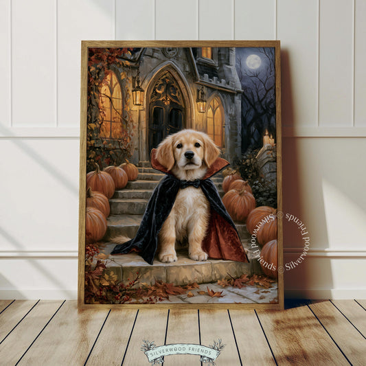 Rustic autumn cottage dog wall art printable — vintage-style spooky painting with cute pup in vampire costume and gothic castle backdrop