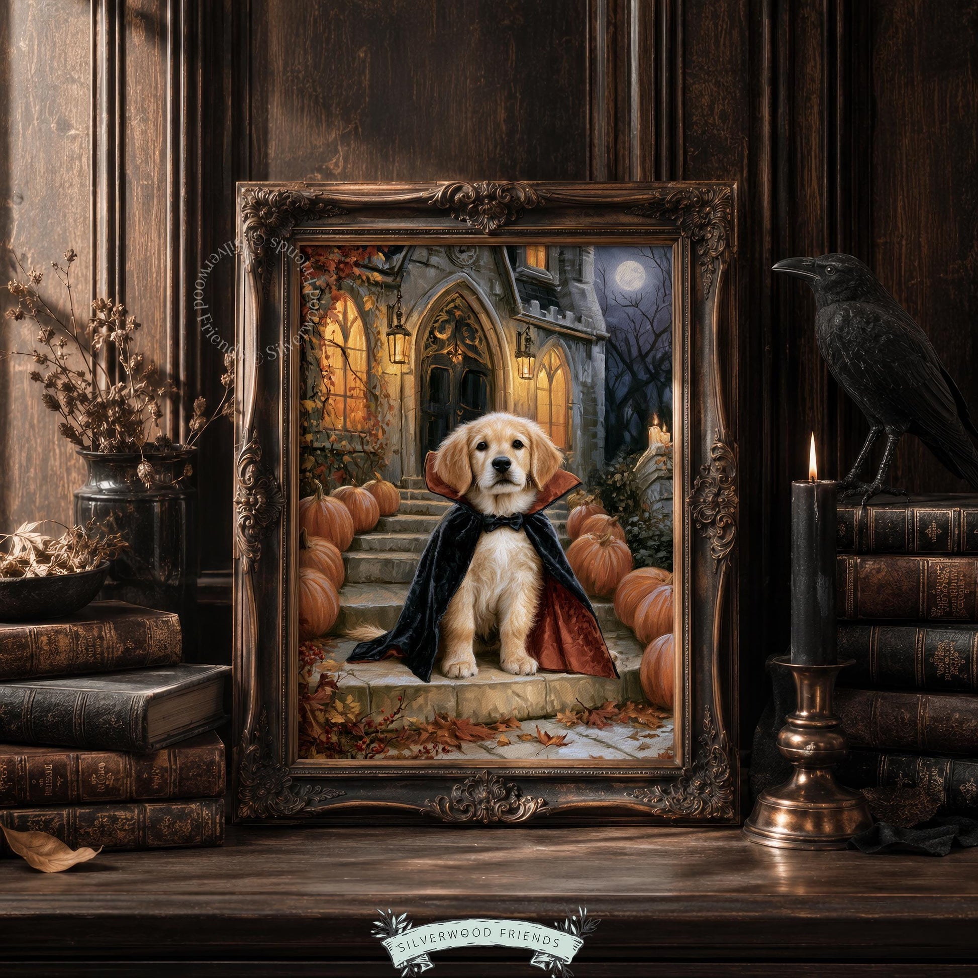 Labrador puppy in cape digital art poster for fall decor — warm-toned spooky painting with castle entrance and glowing lights