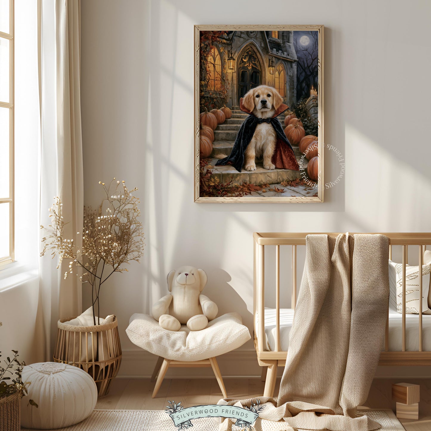Golden retriever Halloween picture for living room — witchy moody painting with pumpkins, castle steps, and cozy dark tones