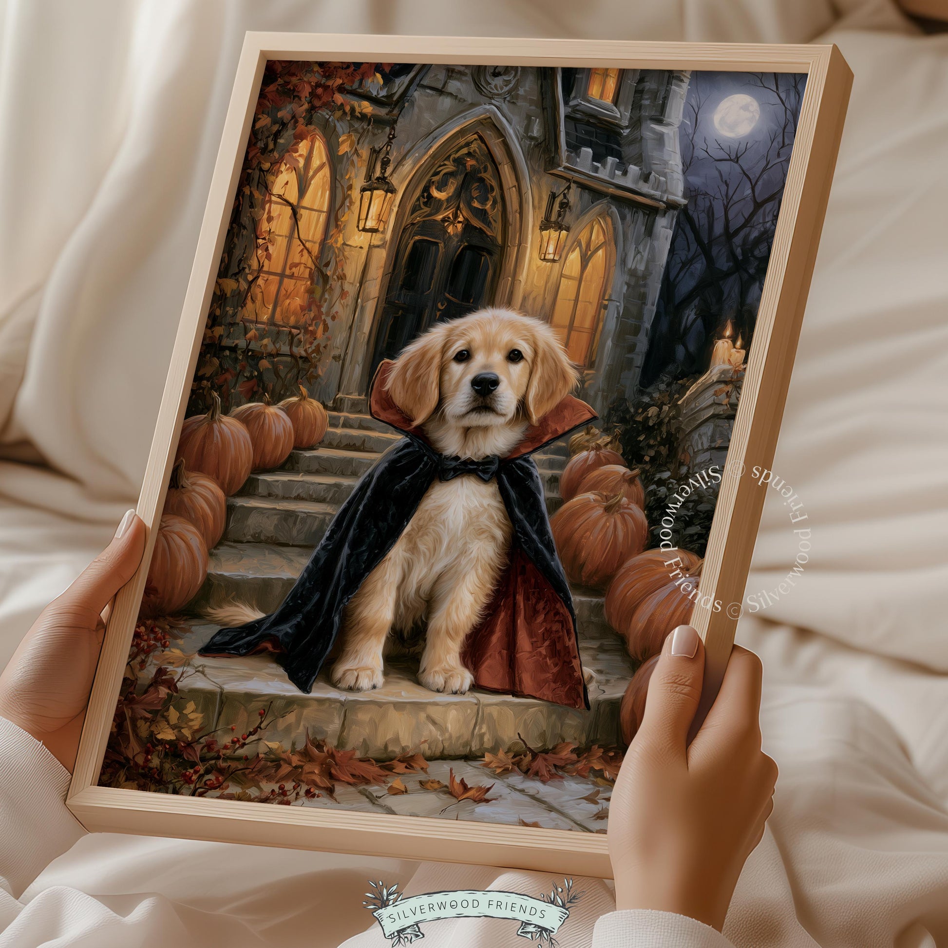Golden pup costume portrait printable for seasonal decor — atmospheric Halloween painting with detailed brushwork and rich warm palette