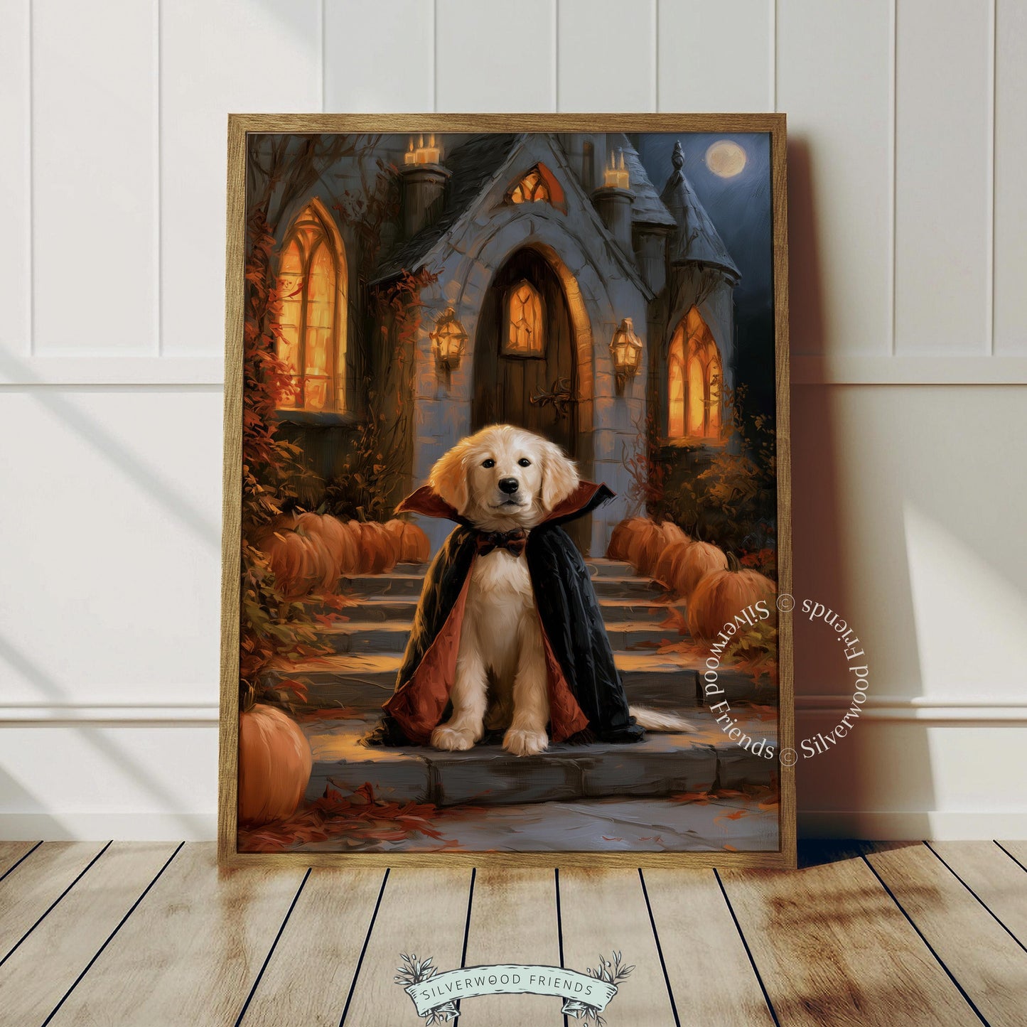 Adorable golden retriever pup dressed as vampire digital print for bedroom — moody autumn gothic aesthetic