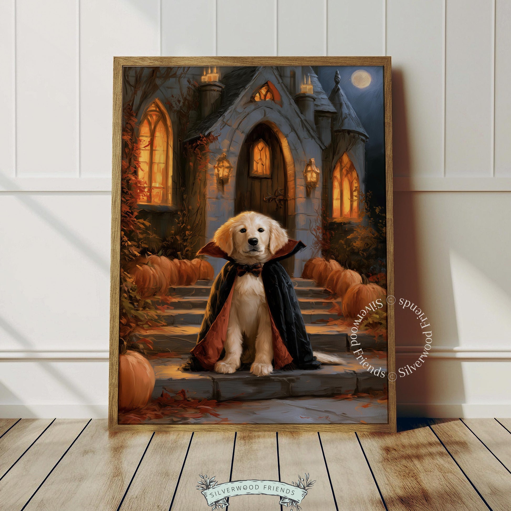 Adorable golden retriever pup dressed as vampire digital print for bedroom — moody autumn gothic aesthetic
