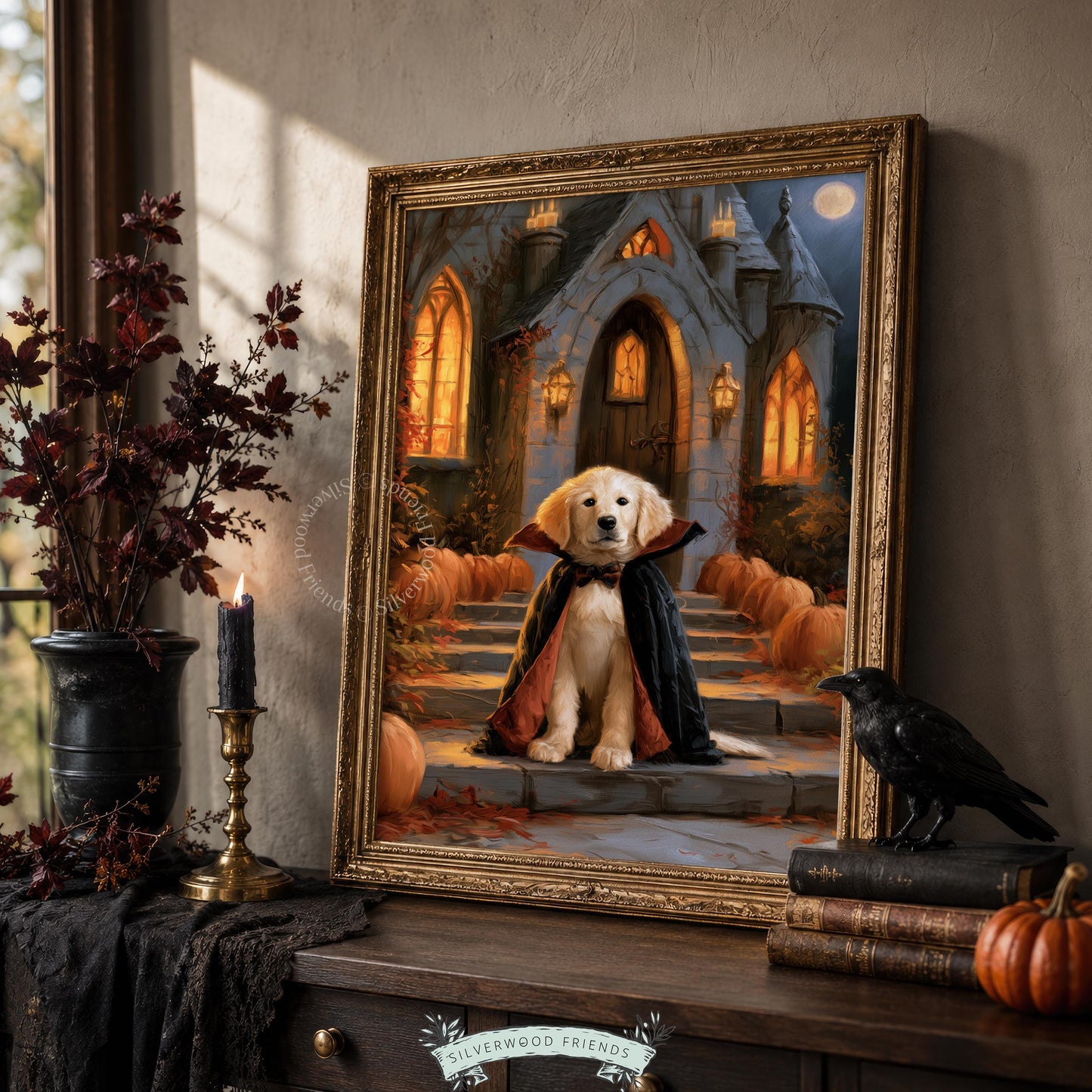 Cute canine vampire illustration digital download — spooky season wall art featuring puppy in black and red cape