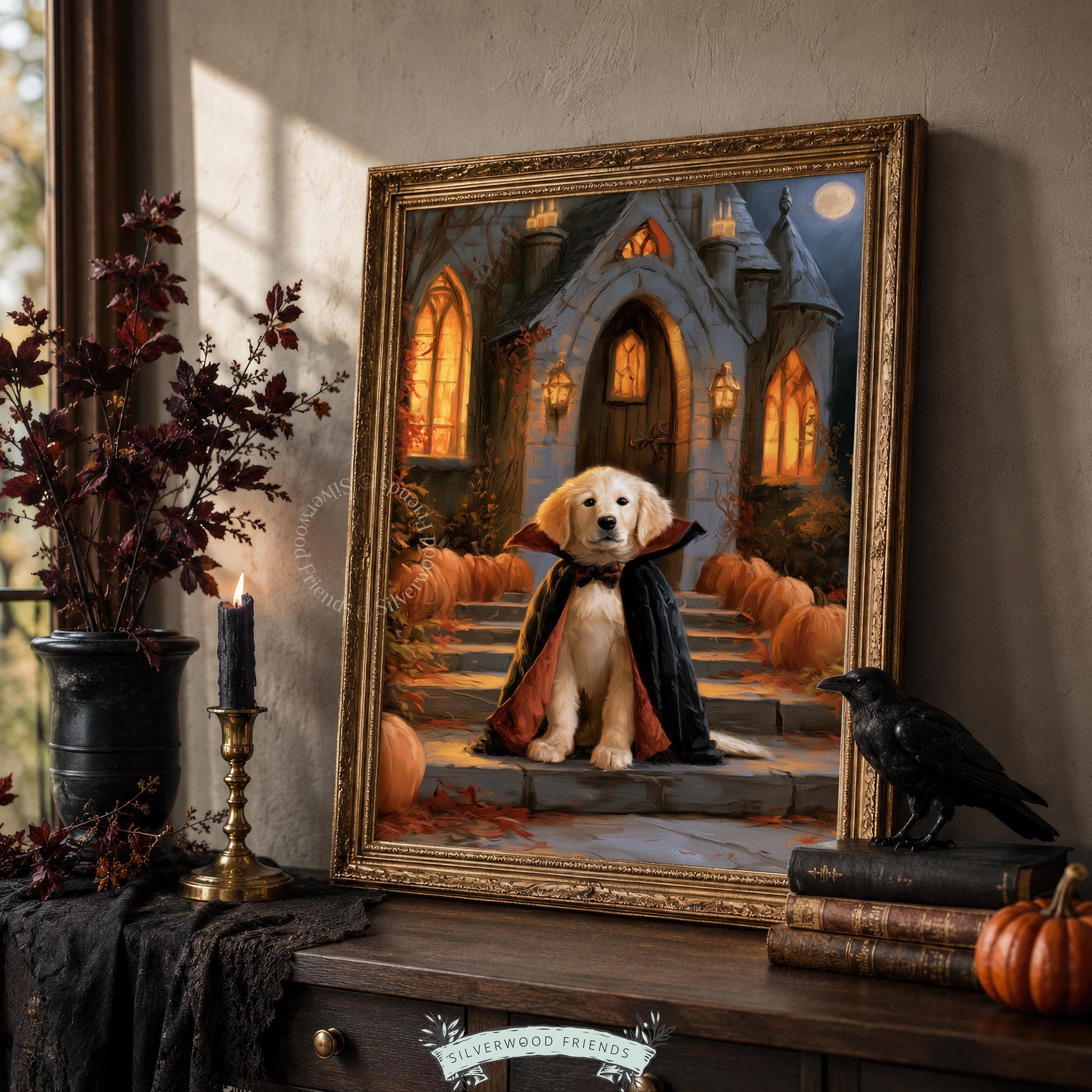 Cute canine vampire illustration digital download — spooky season wall art featuring puppy in black and red cape