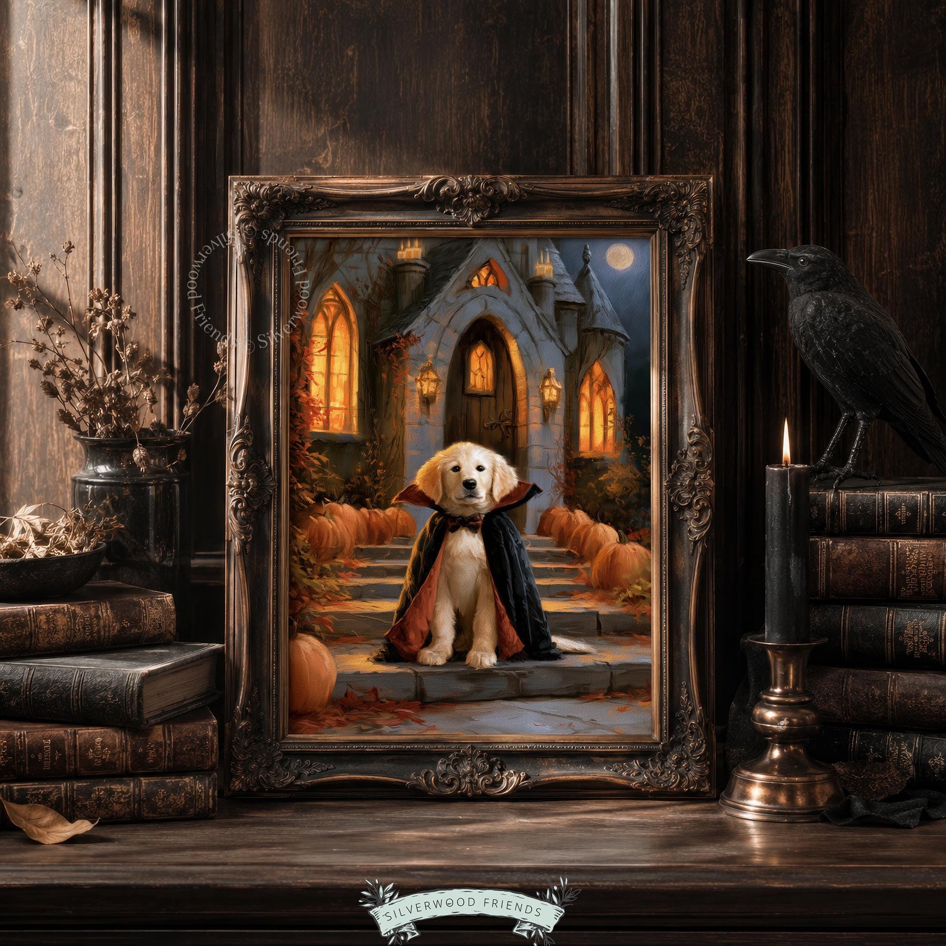 Golden retriever Halloween artwork for kitchen — cute vampire pup surrounded by orange pumpkins and foliage