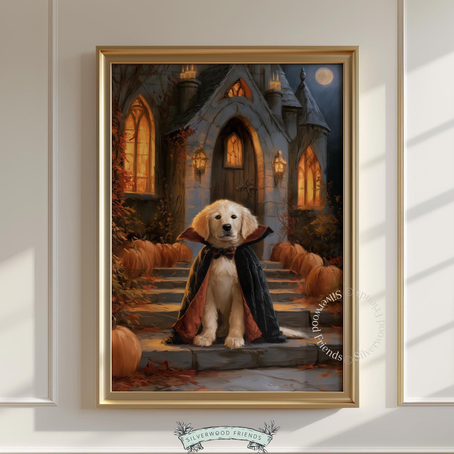 Cute golden retriever in cape instant download — Halloween spooky season artwork with pumpkins and full moon