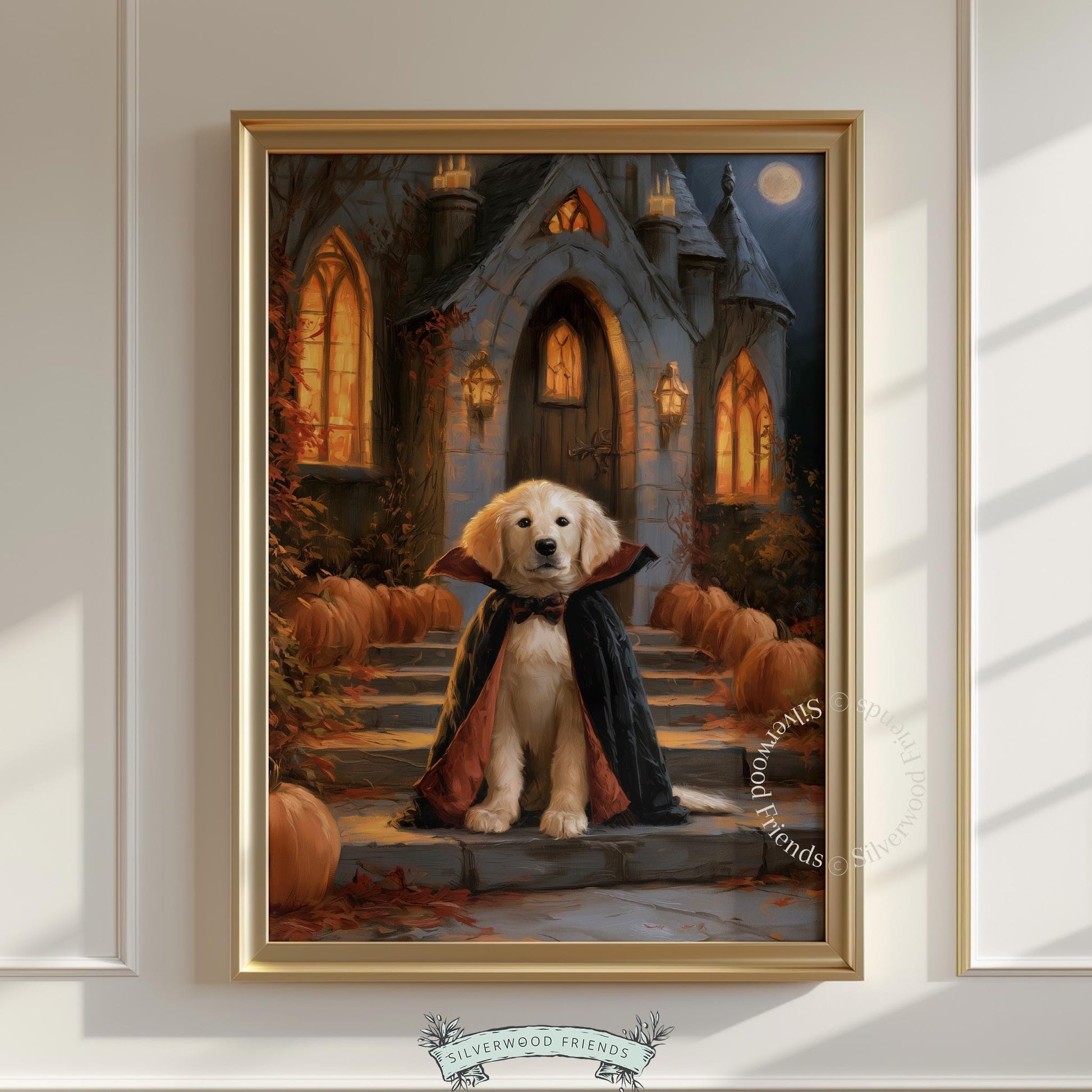 Cute golden retriever in cape instant download — Halloween spooky season artwork with pumpkins and full moon