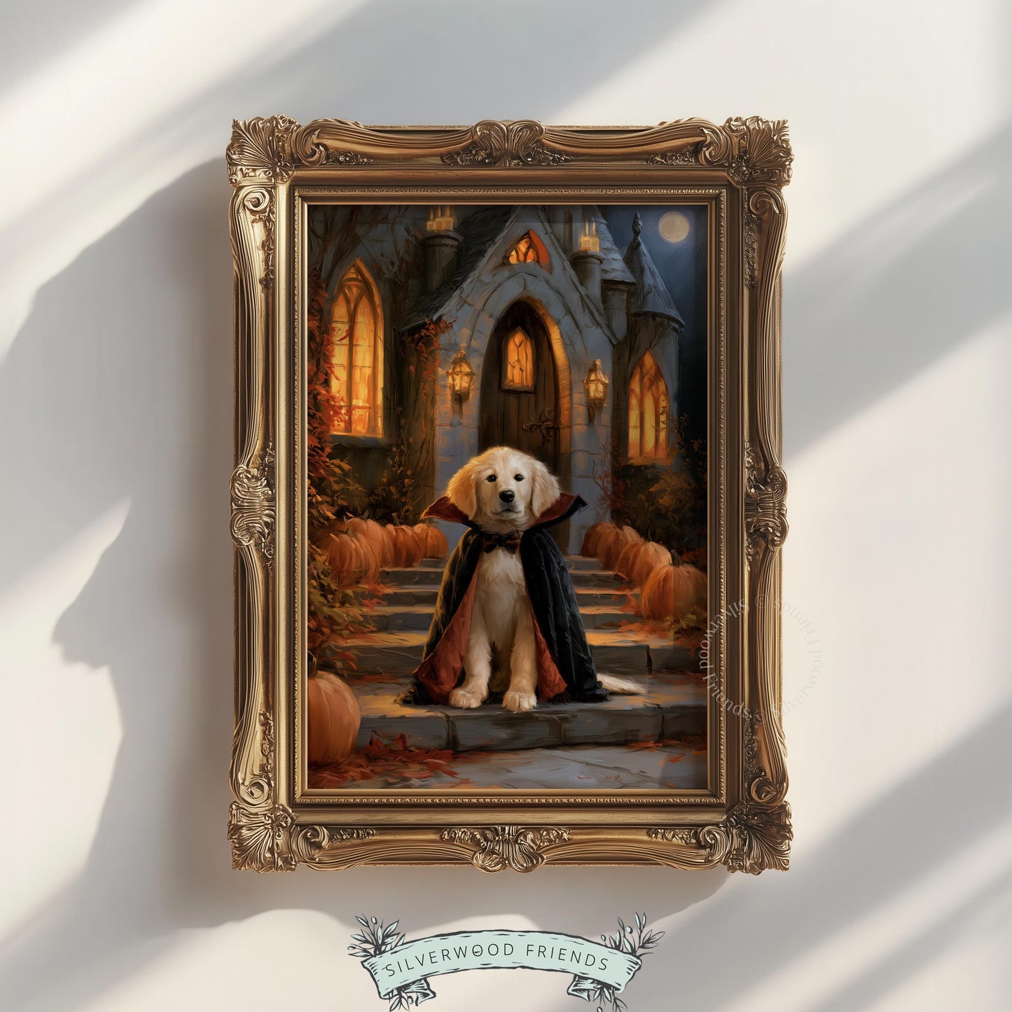 Puppy vampire costume digital print for living room — rustic autumn dark academia wall art with candlelit glow